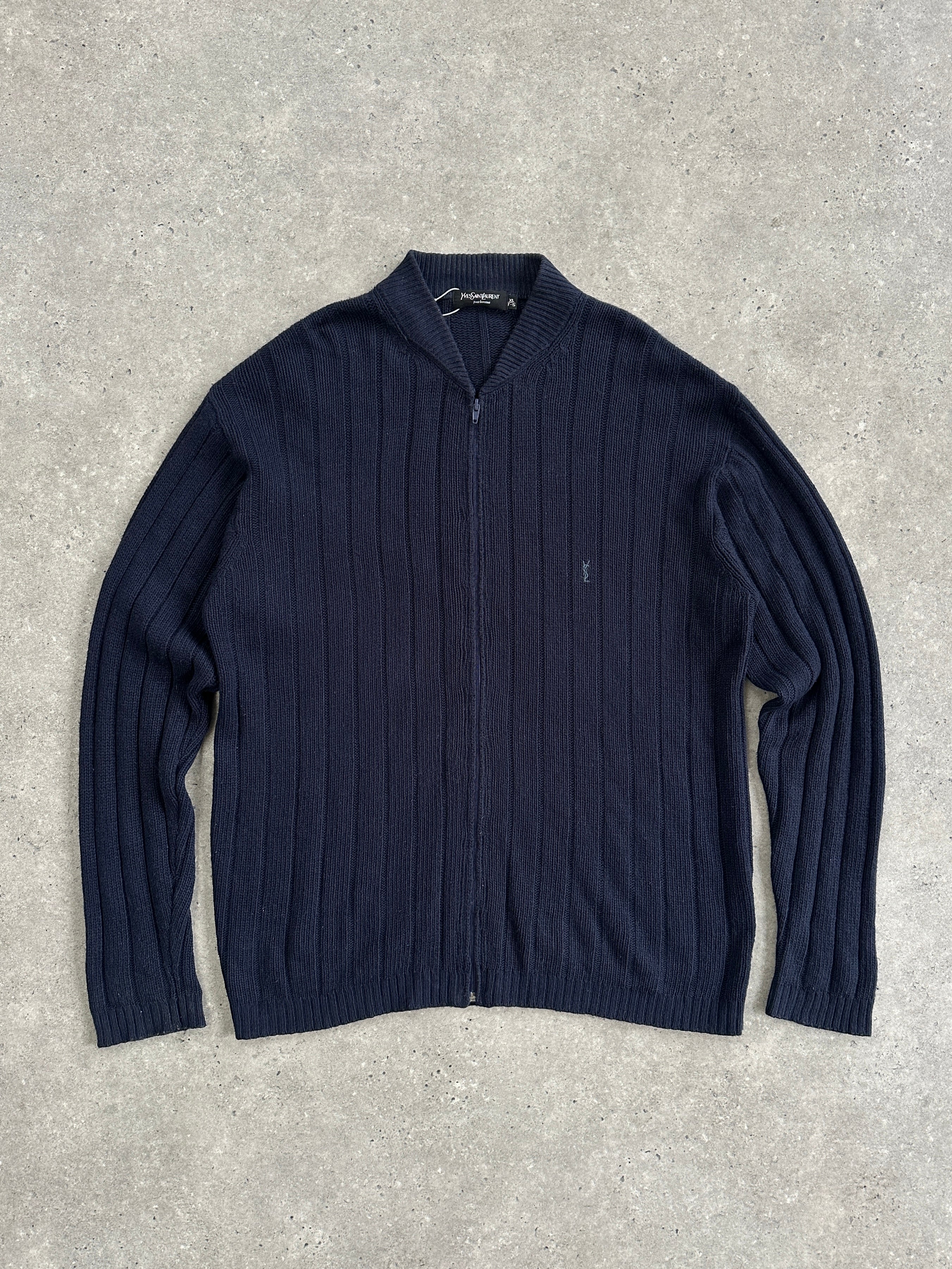 Yves Saint Laurent men's XXL lambswool knitted cardigan with logo detail, featuring a classic button-up design in neutral tones.