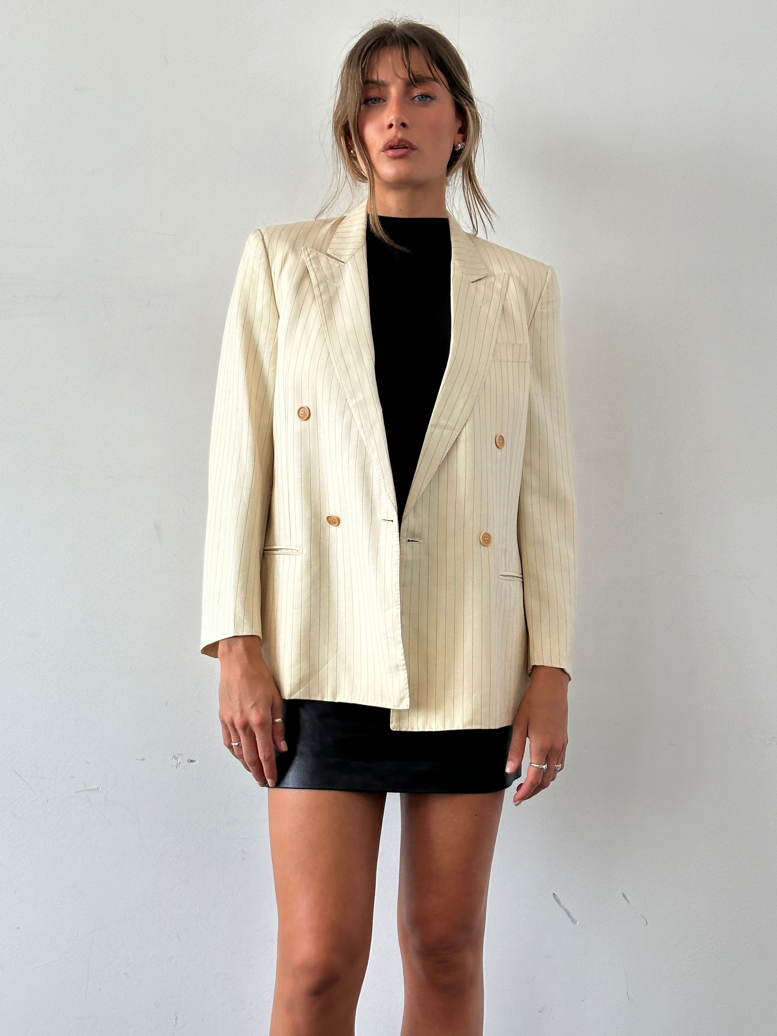 Pierre Cardin pure silk stripe double-breasted blazer in size 36R/S, tailored fit with classic lapels and button details.