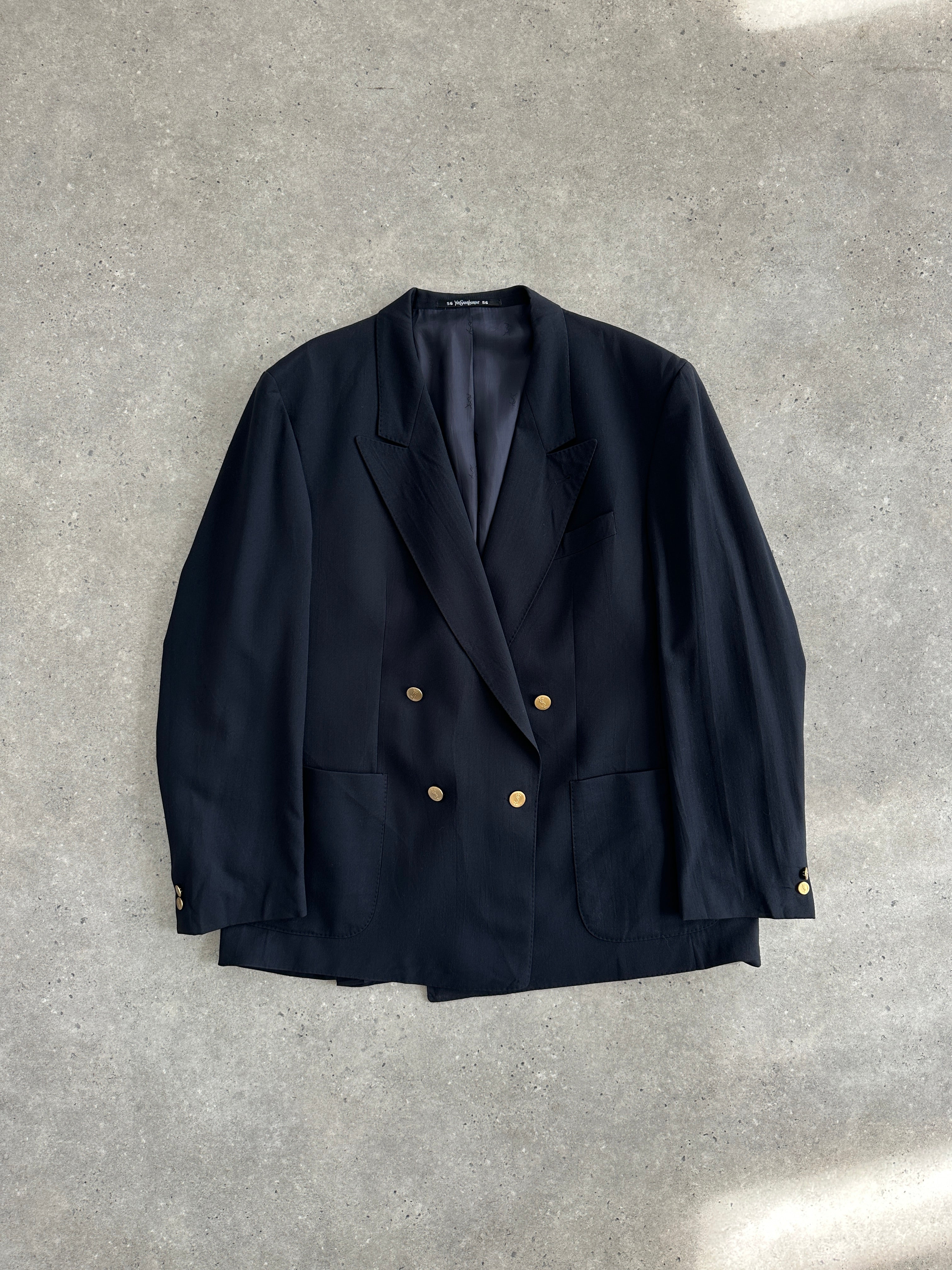 Yves Saint Laurent 1980s bespoke double-breasted blazer in size 46R/XXL, tailored fit with classic button details and structured lapels.