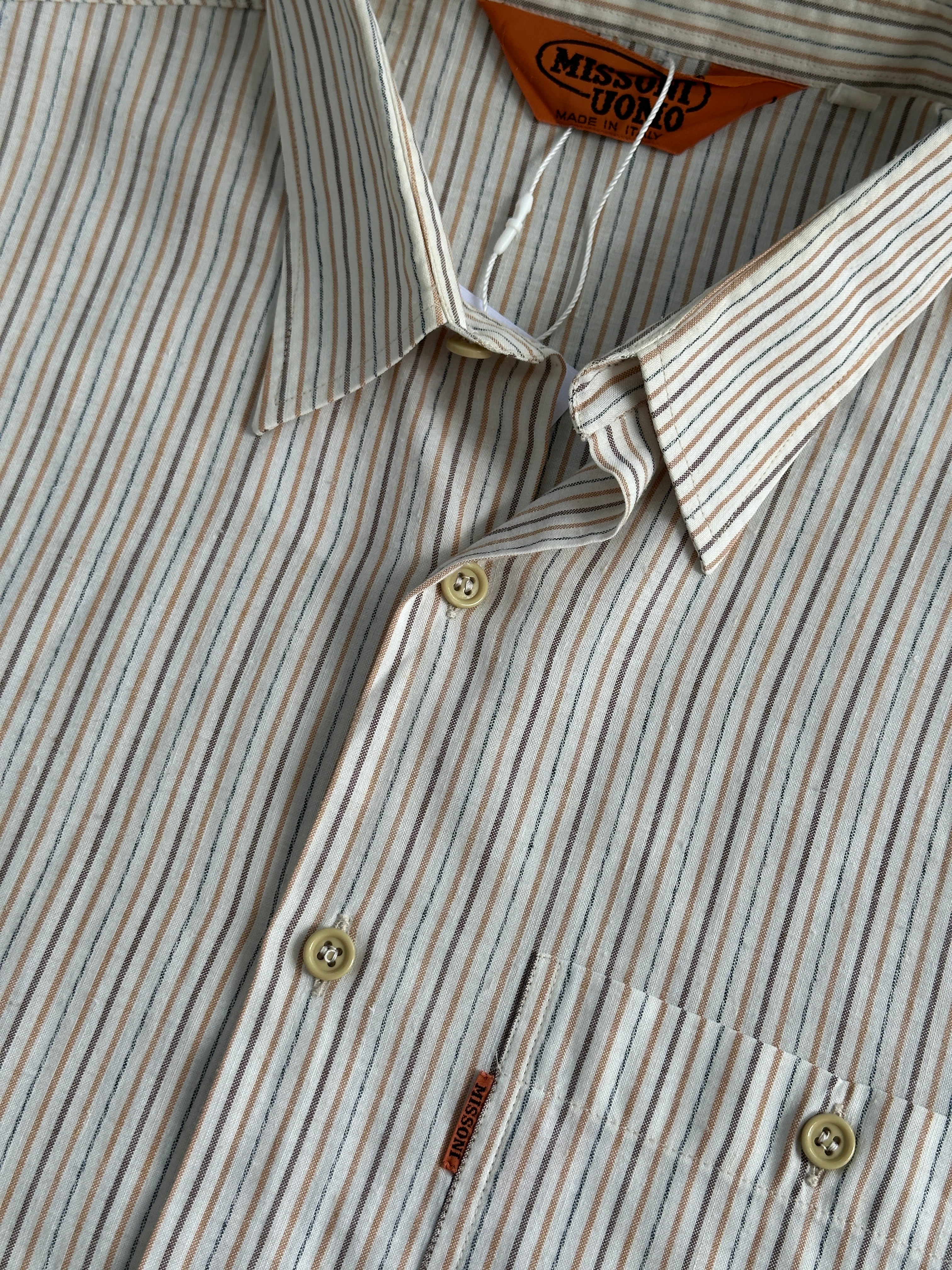 Missoni 90s cotton stripe shirt in large/extra-large size, featuring colorful striped pattern, casual button-up design.
