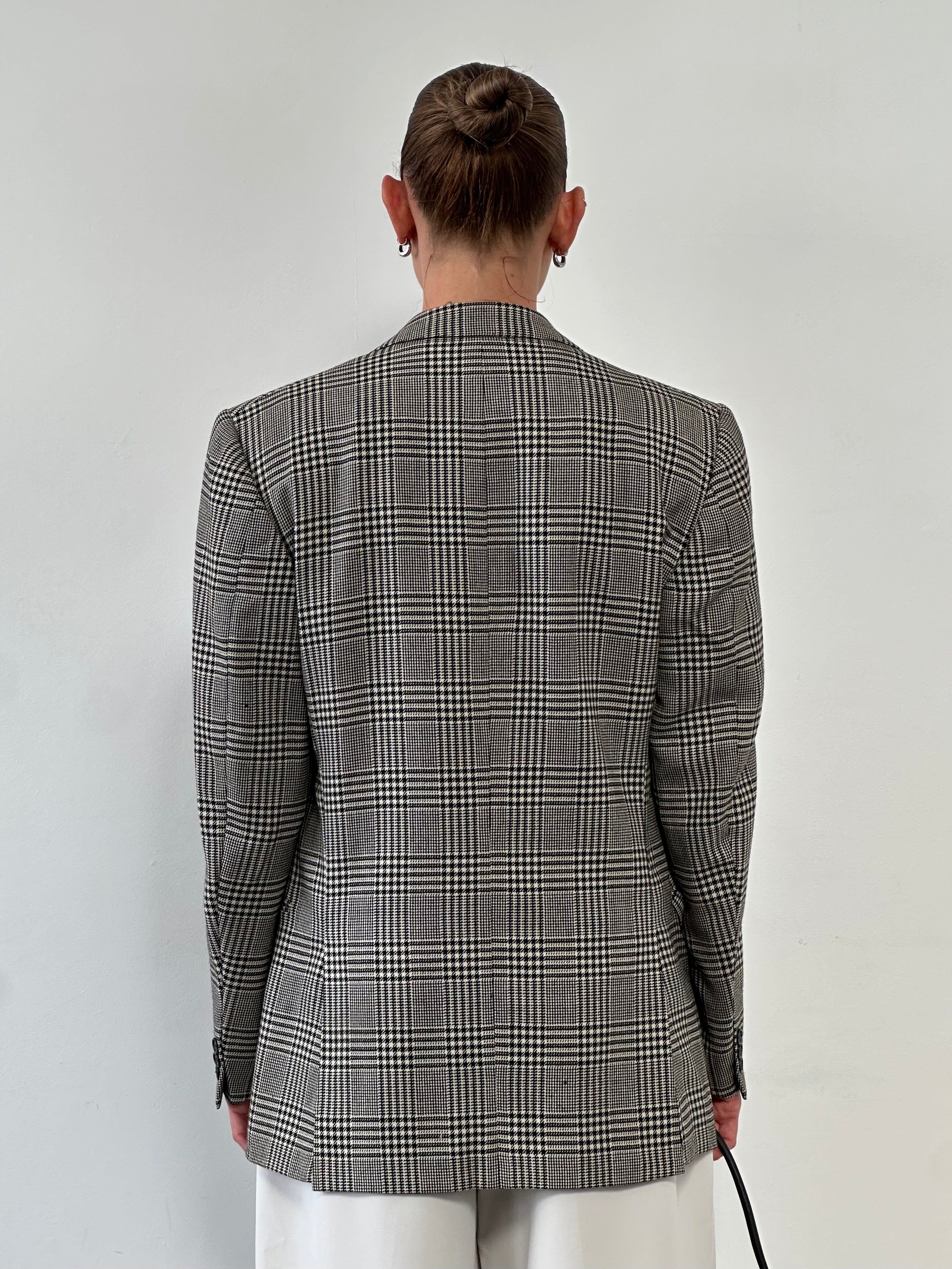 Yves Saint Laurent Pour Homme 1980s check wool single-breasted blazer in size M, featuring classic tailored design and pattern.