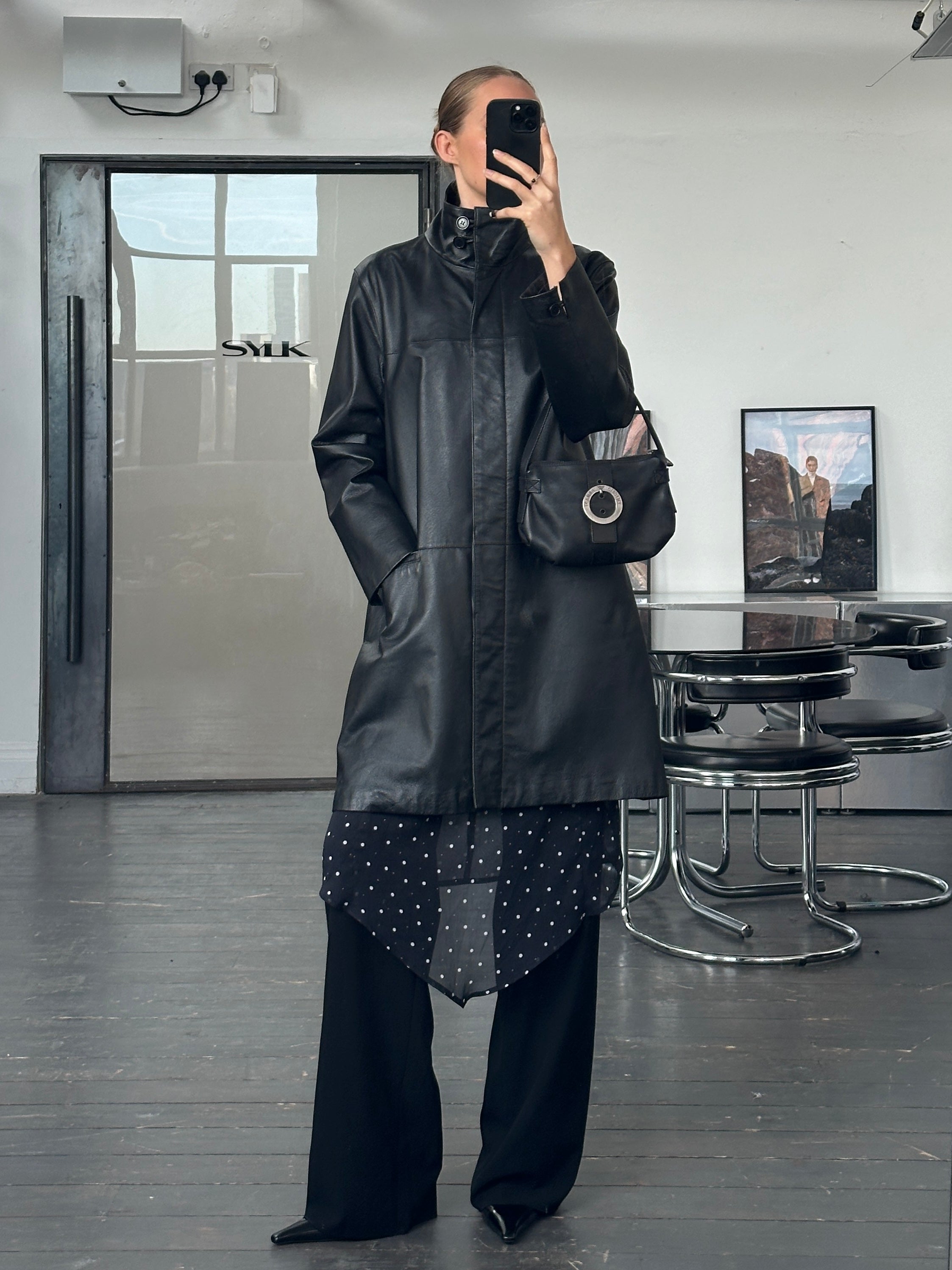 Vintage 2000s High Neck Leather Trench Coat - M - SYLK