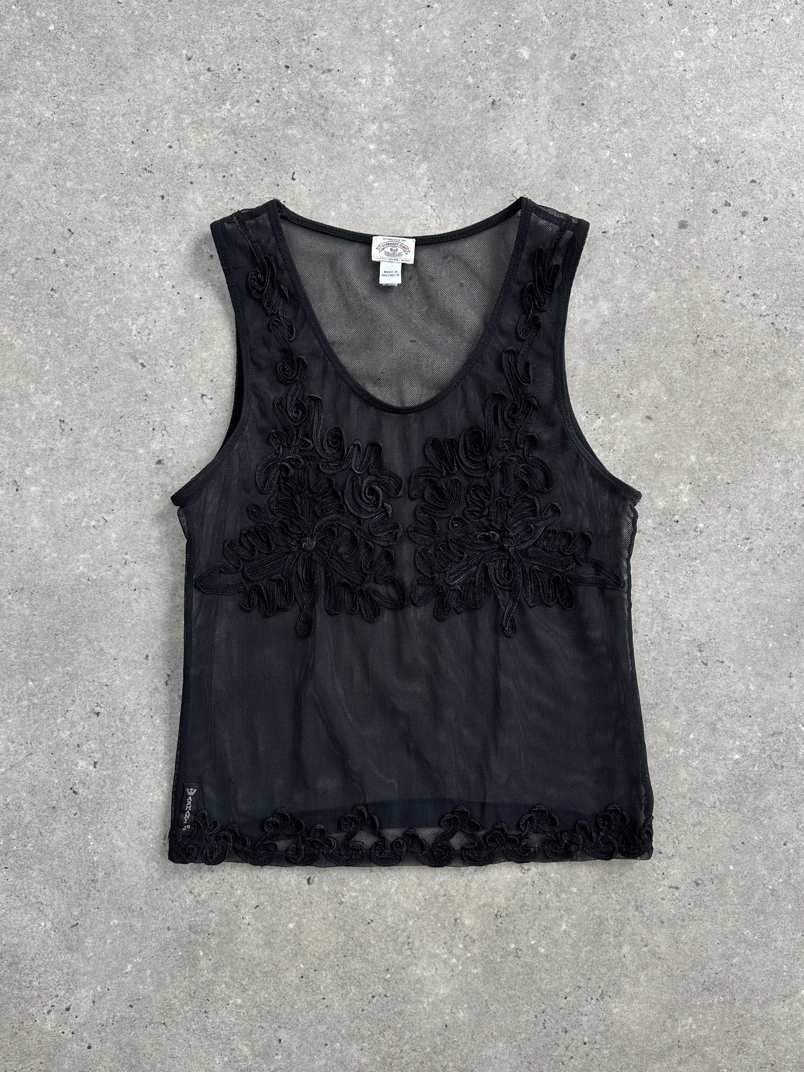 Armani Jeans sheer appliqué vest top in size S, featuring lightweight fabric with decorative appliqué details.