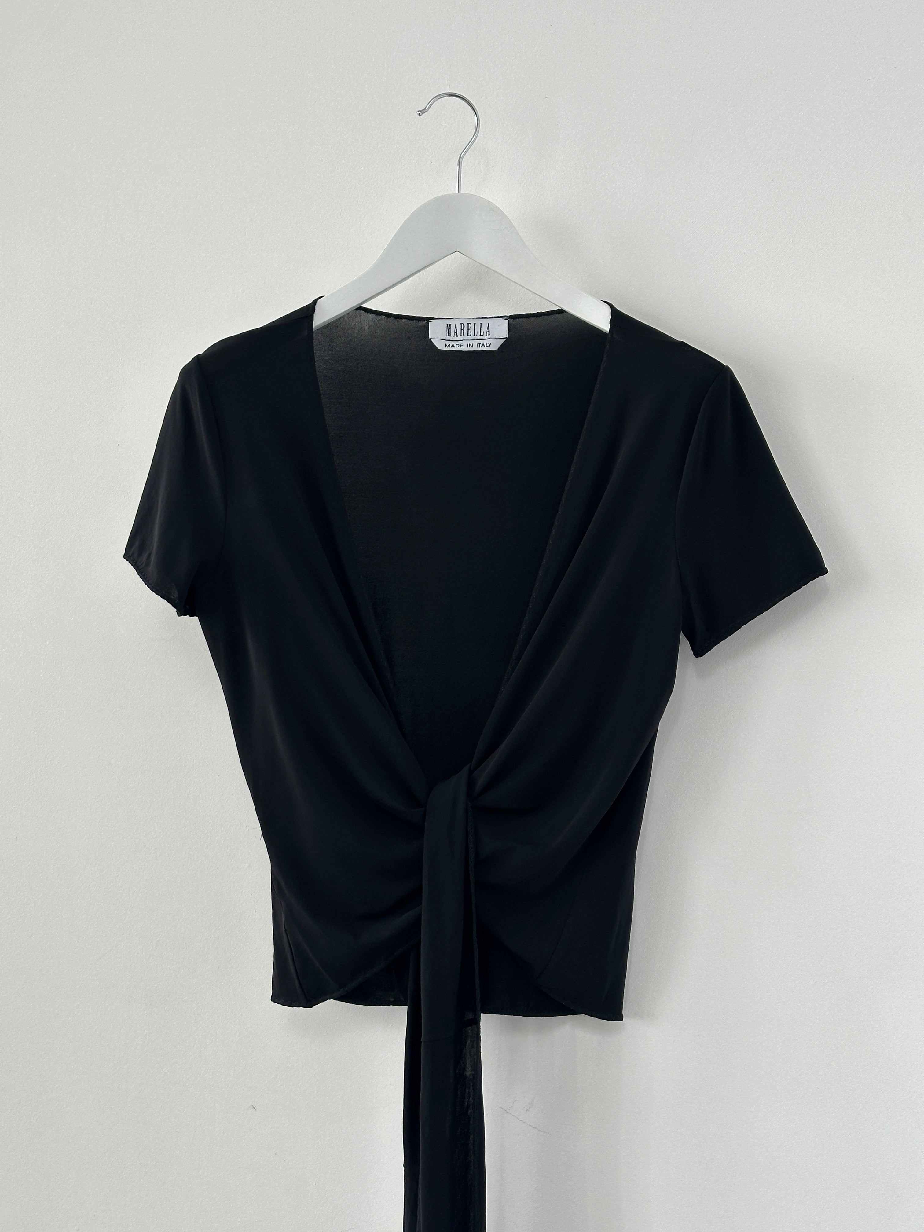Marella tie wrap top in size M, featuring a stylish wrap design and lightweight fabric, displayed on a hanger.