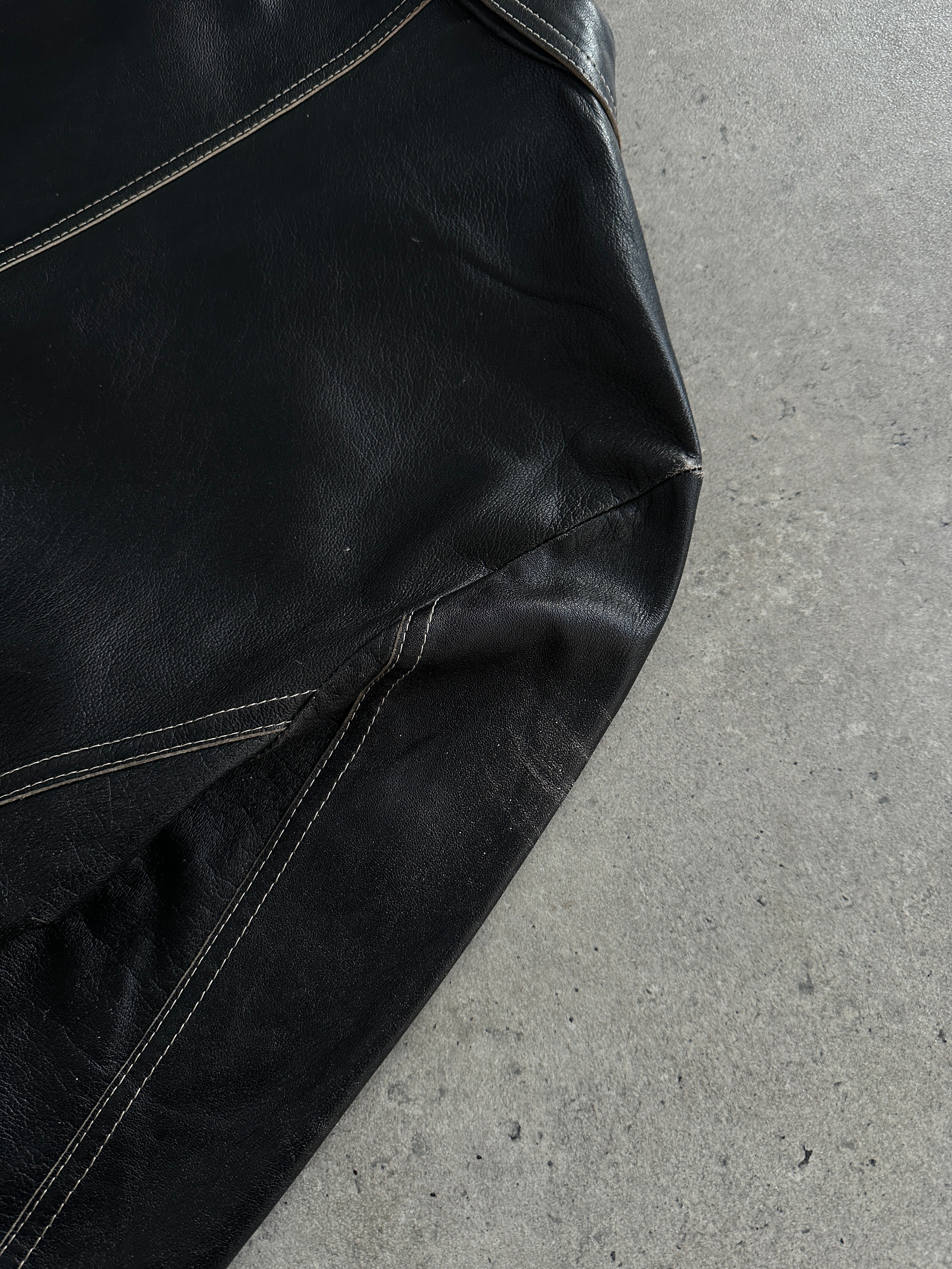 Marella contrast stitch leather jacket in size S, featuring stylish design with detailed stitching and a sleek fit.