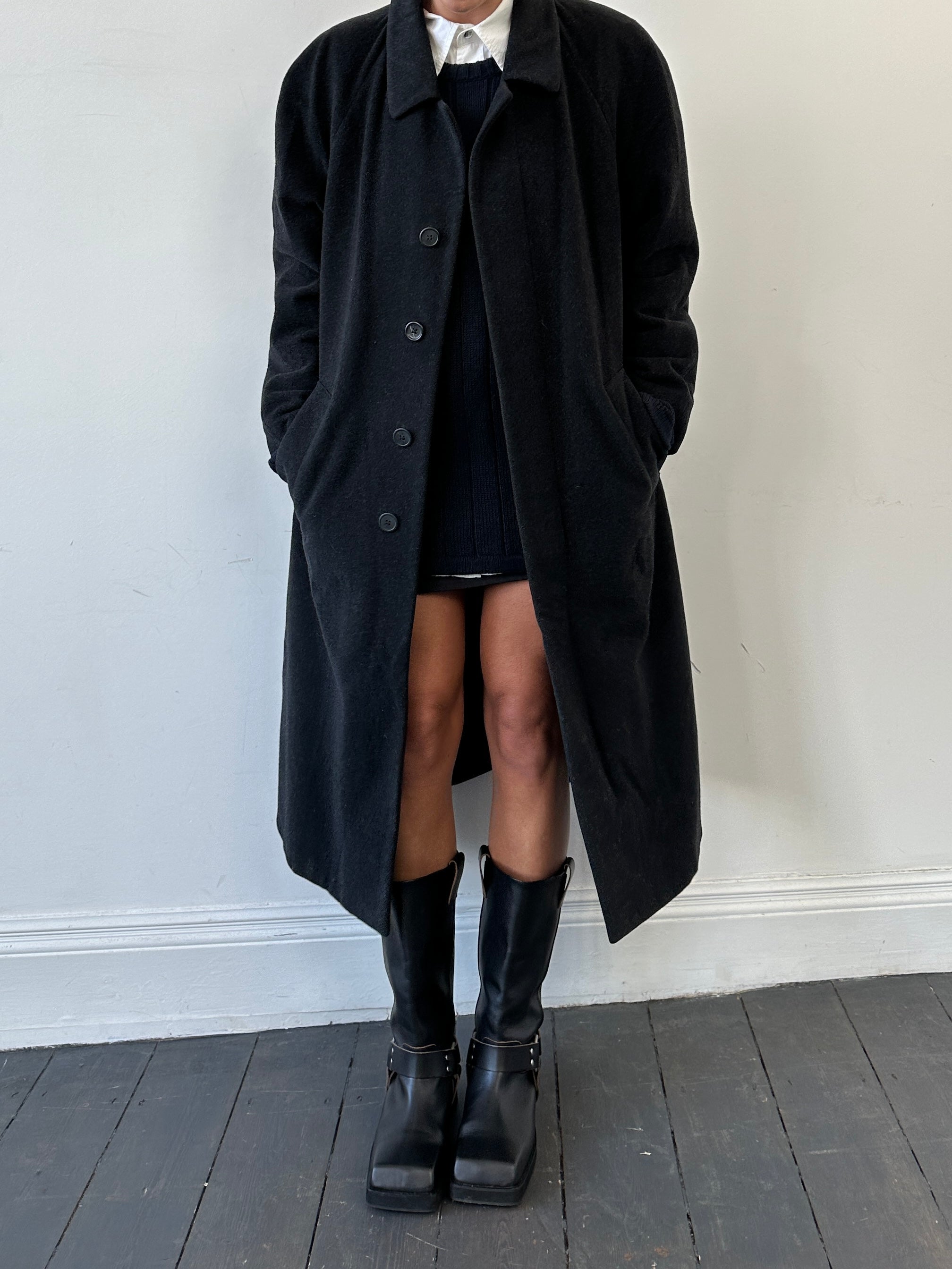 Louis Feraud pure wool coat with concealed placket in XL, shown on a model, stylish and warm winter outerwear.