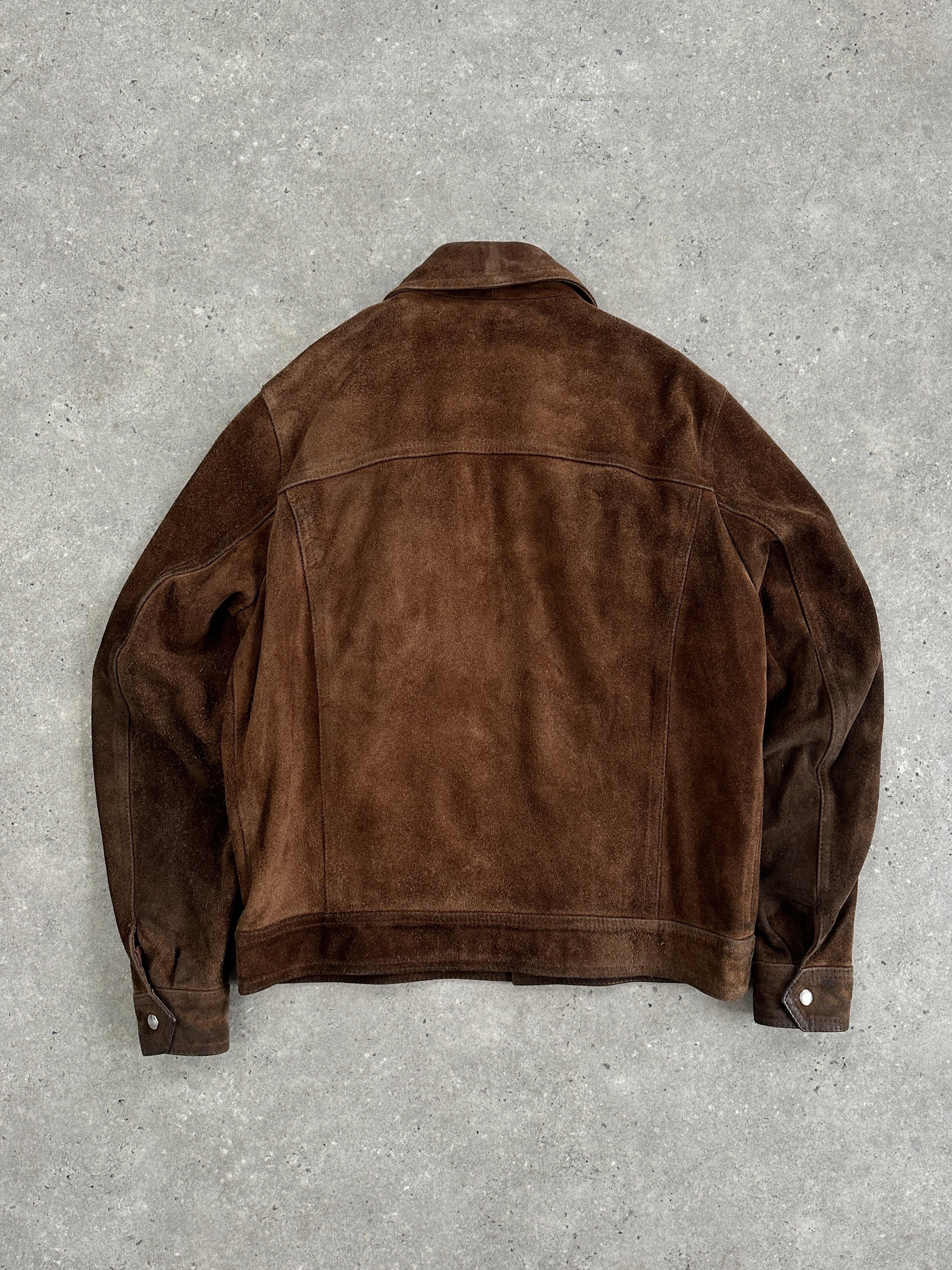 Vintage Dagger Collar Suede Jacket in size L, stylish brown suede with dagger collar, casual versatile outerwear for women.