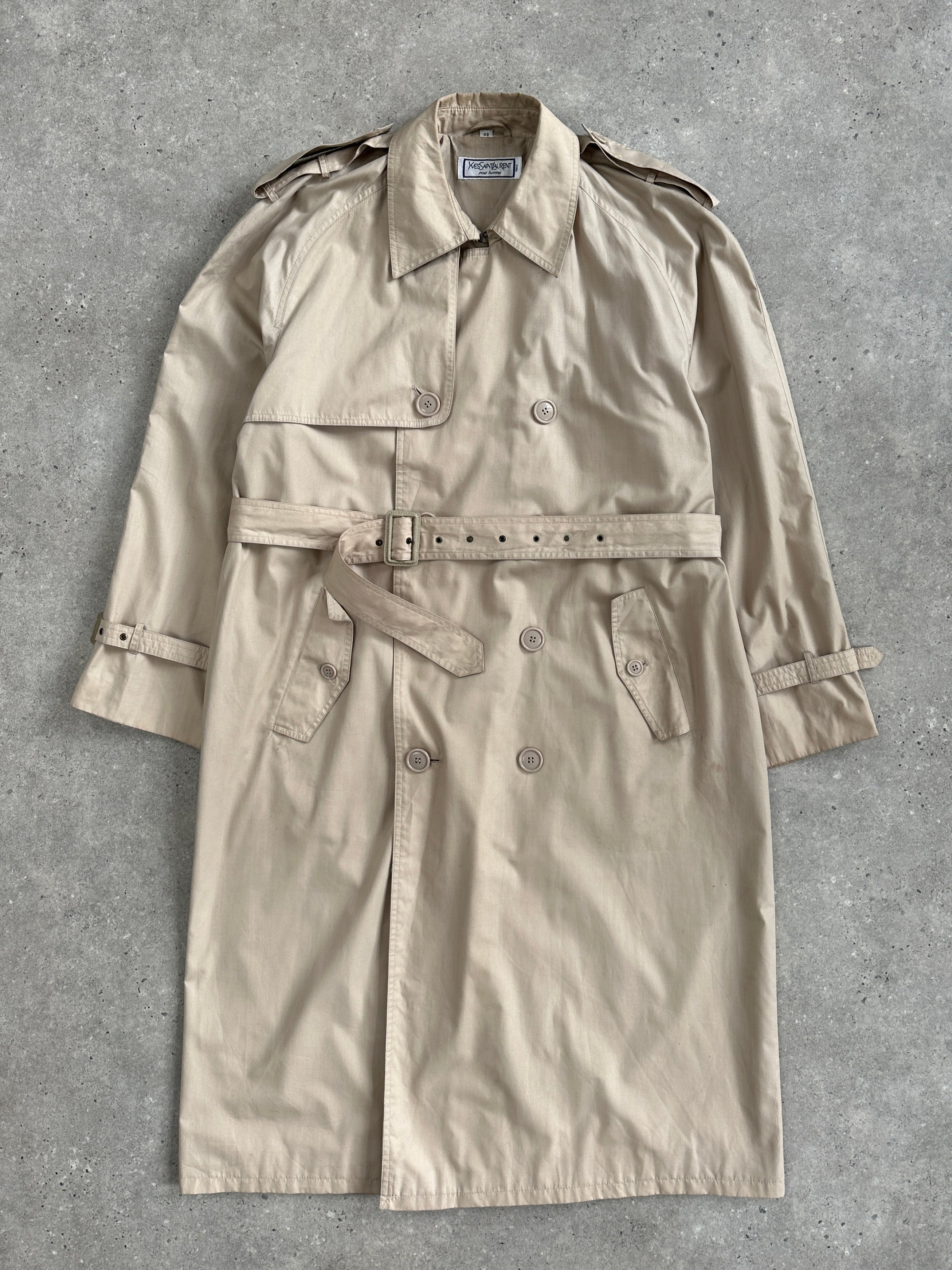 Yves Saint Laurent 1980s Cotton Double Breasted Belted Trench Coat - XL - SYLK