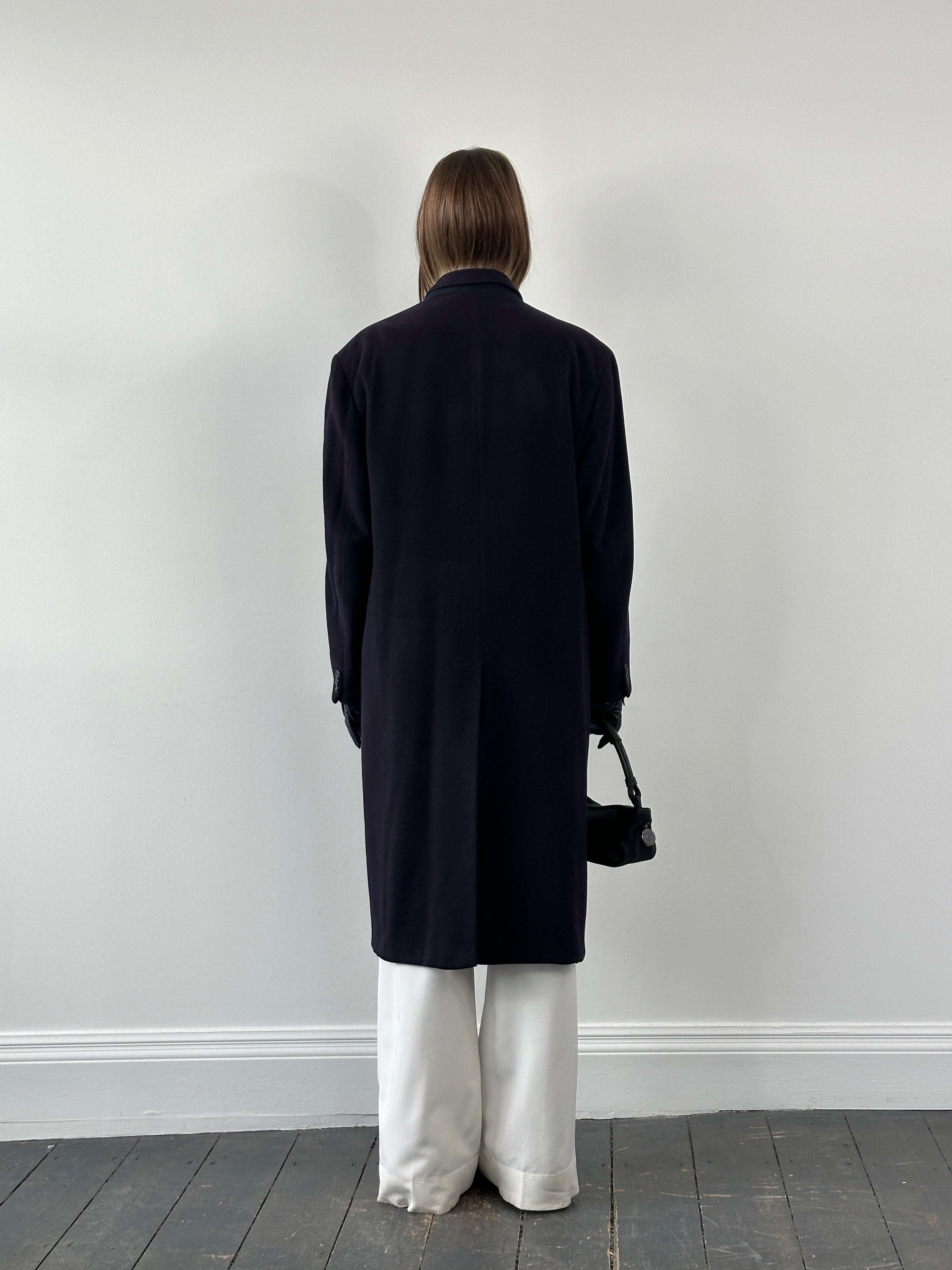 Vintage Harrods x Berwin & Berwin 1980s pure cashmere double-breasted coat in XL, featuring classic tailored design and rich texture.