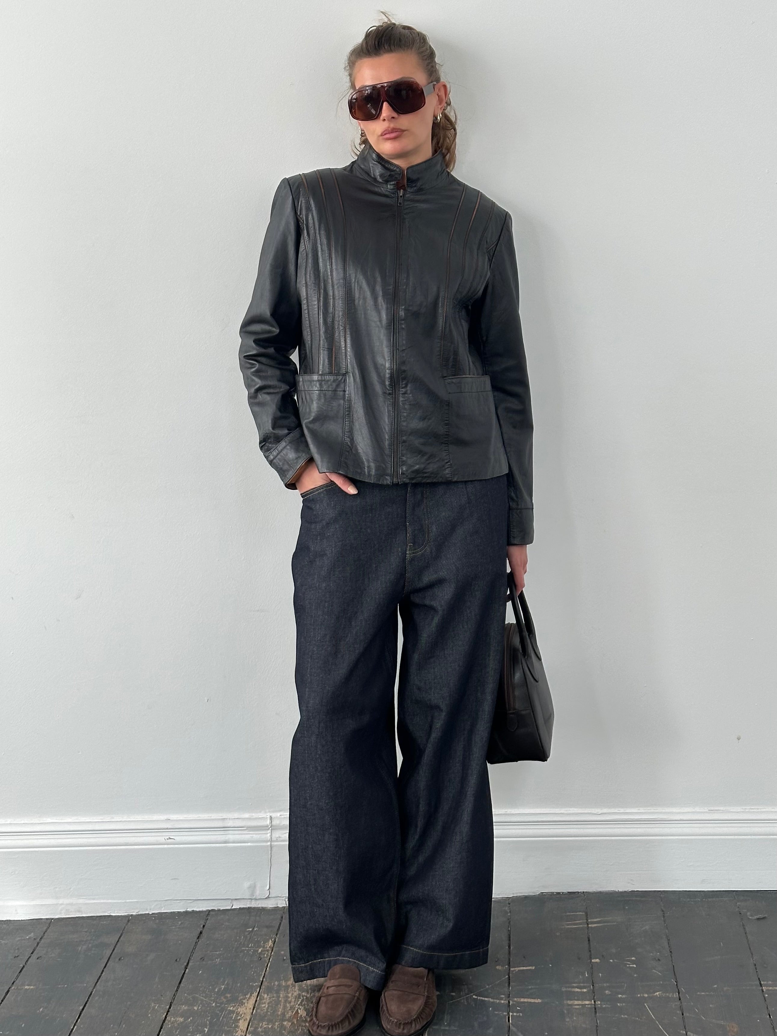 Vintage 1990s High Neck Leather Jacket - M-L