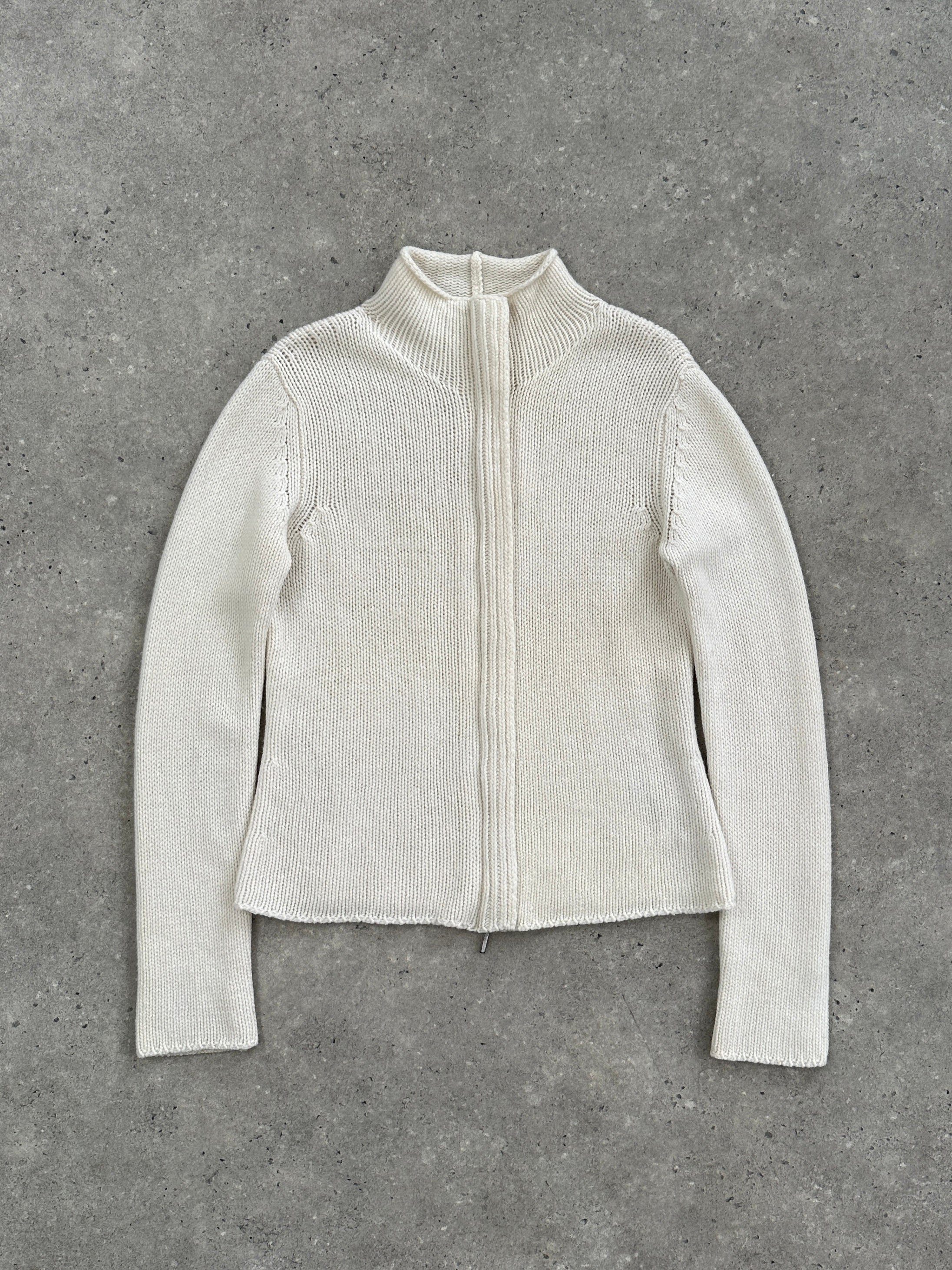 Max Mara S/M Wool Cashmere Knitted Cardigan with double zip front, showcasing a cozy, stylish knitwear piece.
