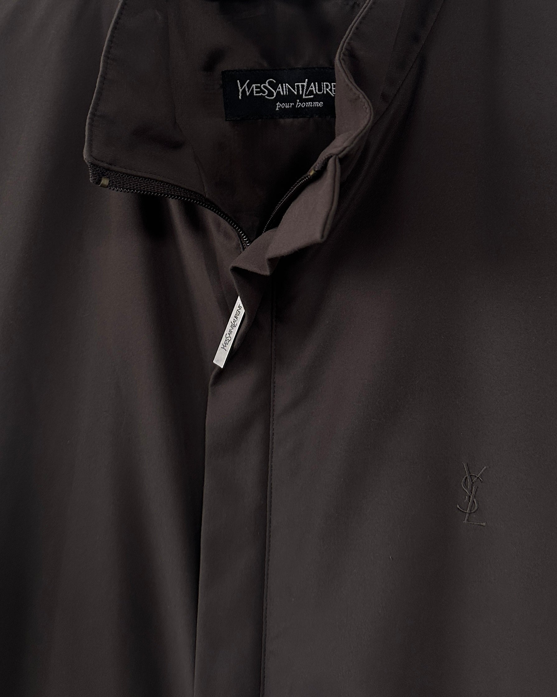 Yves Saint Laurent Pour Homme logo bomber jacket in black, front view showing the brand’s signature logo on the chest.