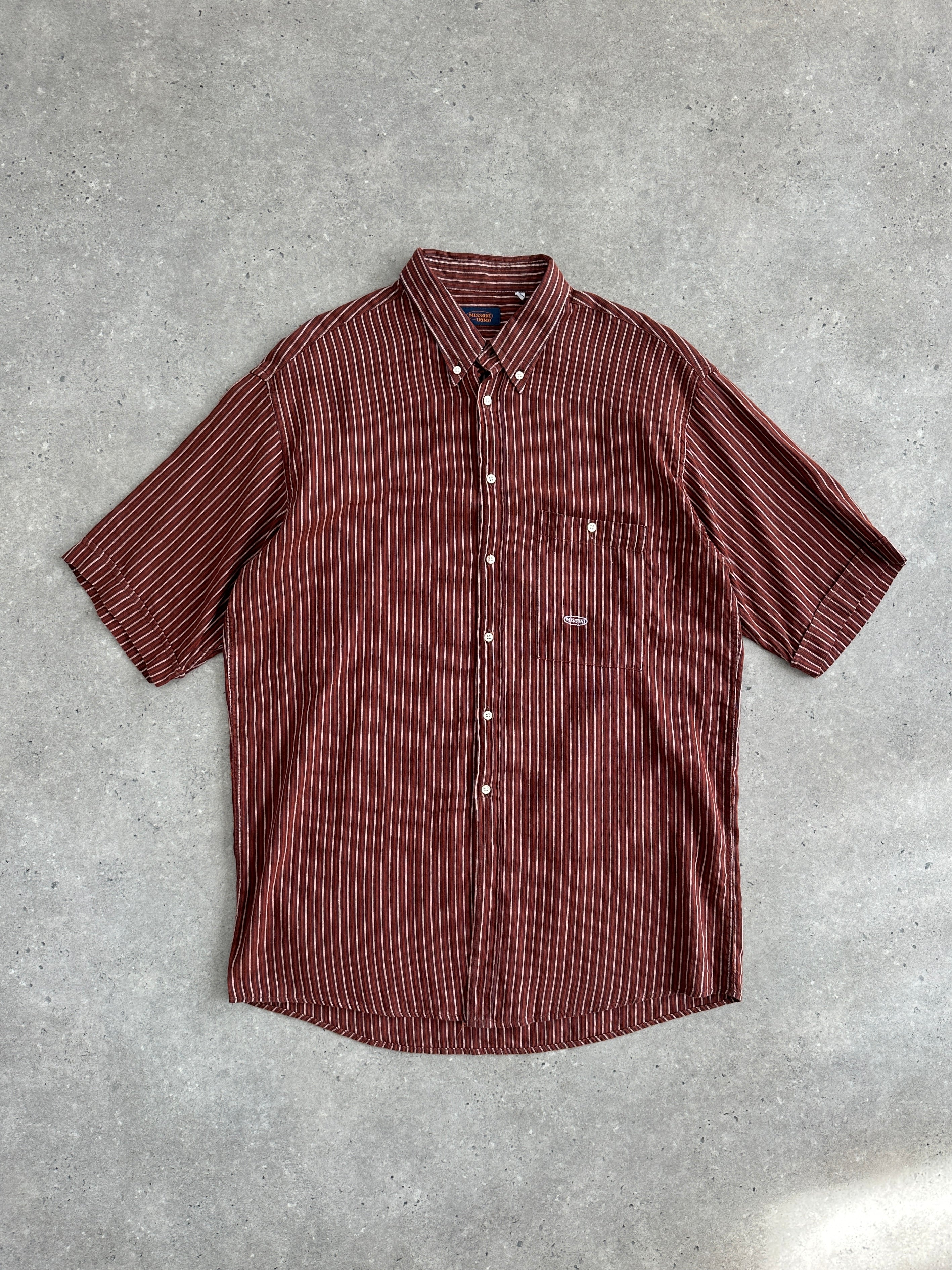 Missoni 1990s pure cotton short sleeve stripe shirt in XXL, featuring colorful horizontal stripes and a classic collar.