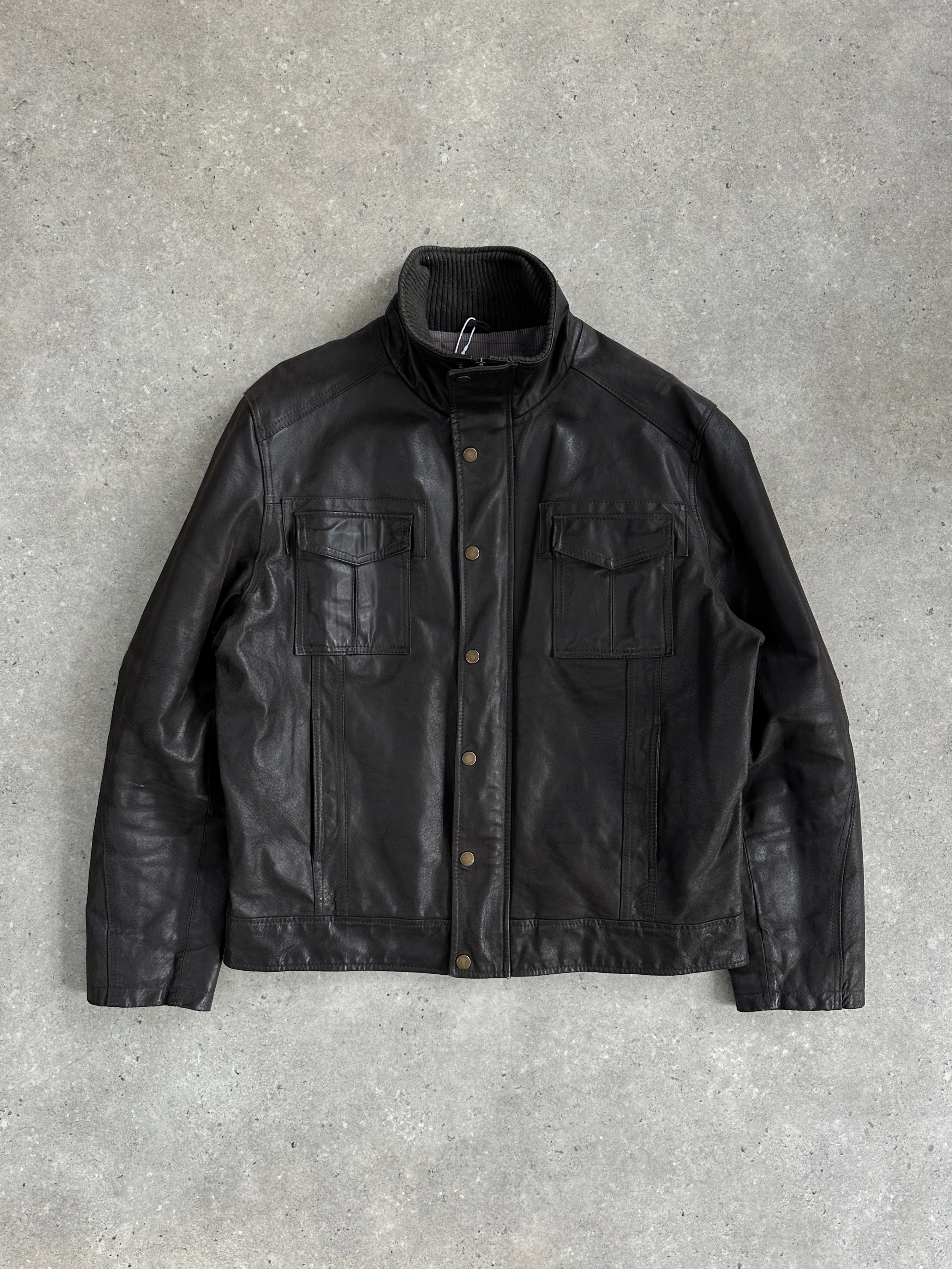 Vintage high neck leather jacket in size XL, featuring classic style and smooth leather material, shown on a hanger.