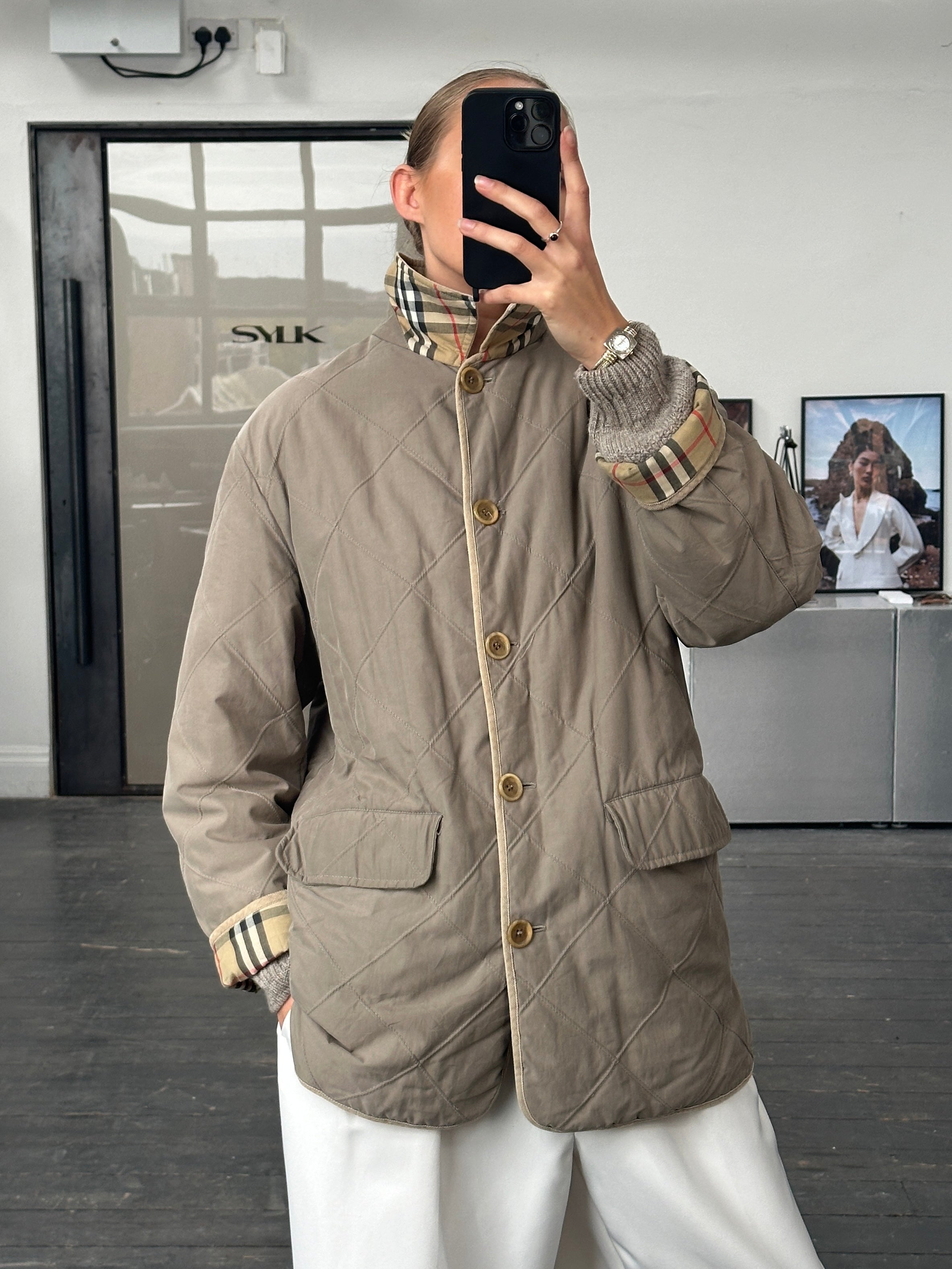 Burberry 1990s quilted Nova Check cord collar coat, vintage style, beige and black check pattern, front button closure, size large