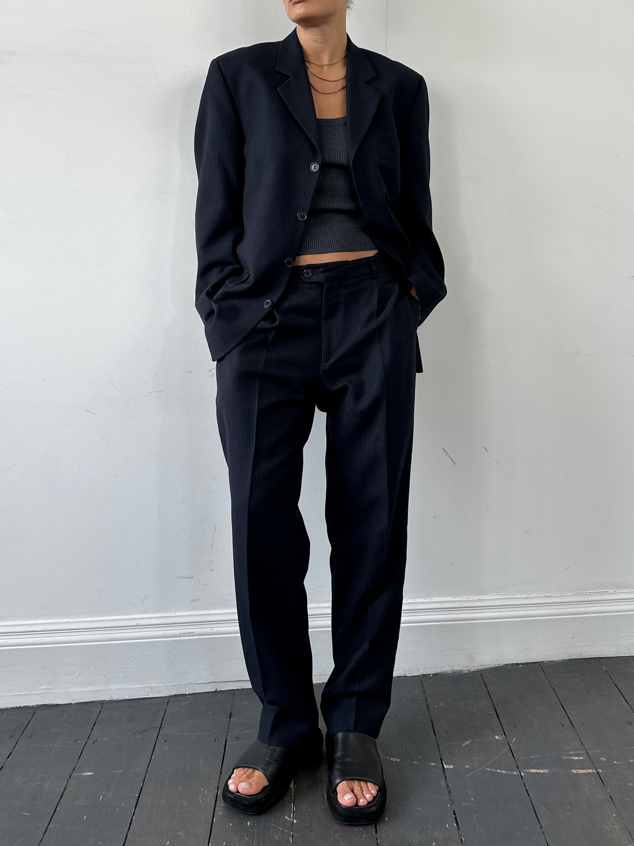 Vintage pinstripe wool jumpsuit, single-breasted suit in size 40R/W34, with classic vintage style and tailored fit.