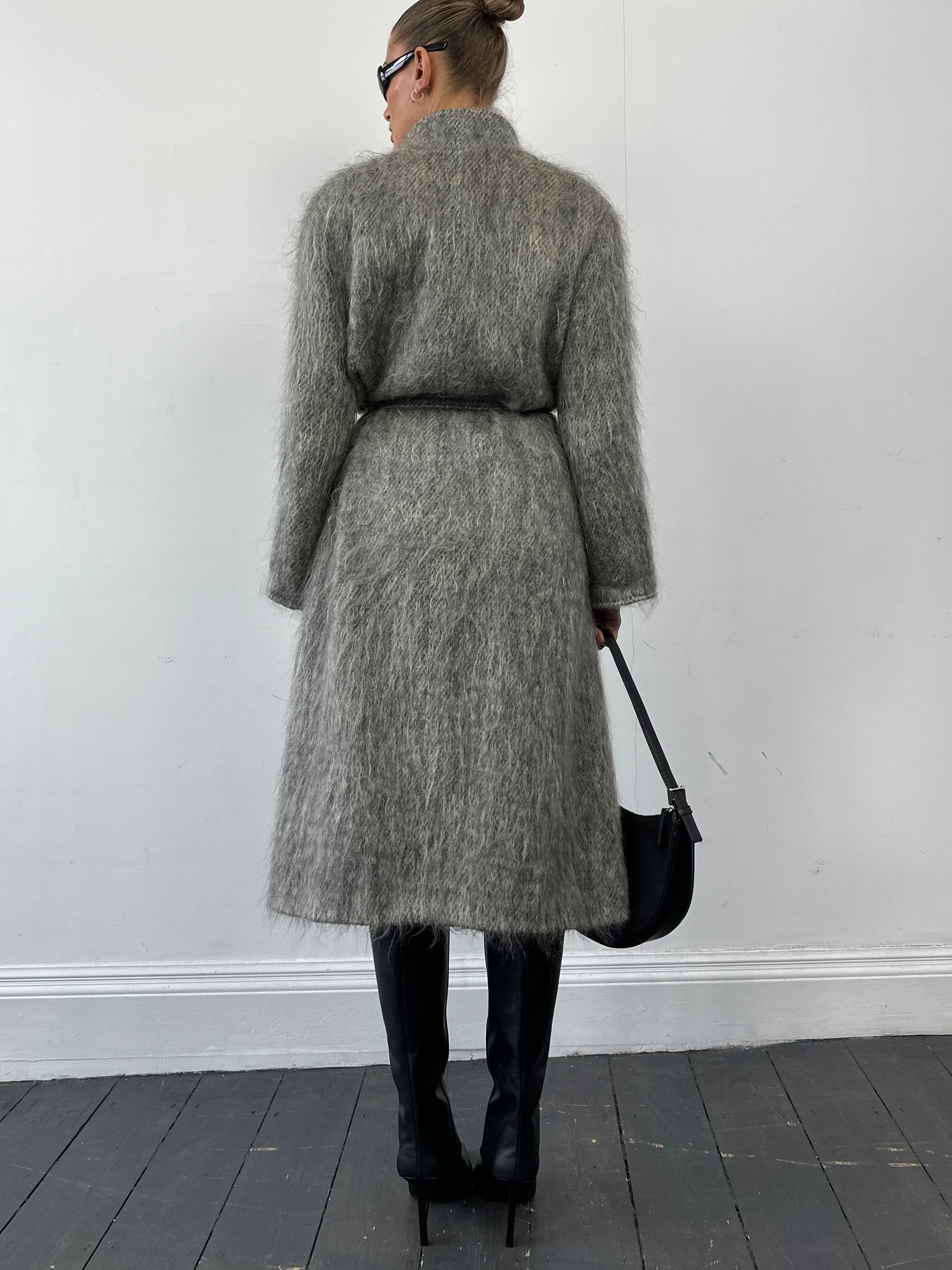 Jaeger mohair wool fuzzy belted coat in size L, featuring a textured, cozy design with a wide belt and soft fabric.