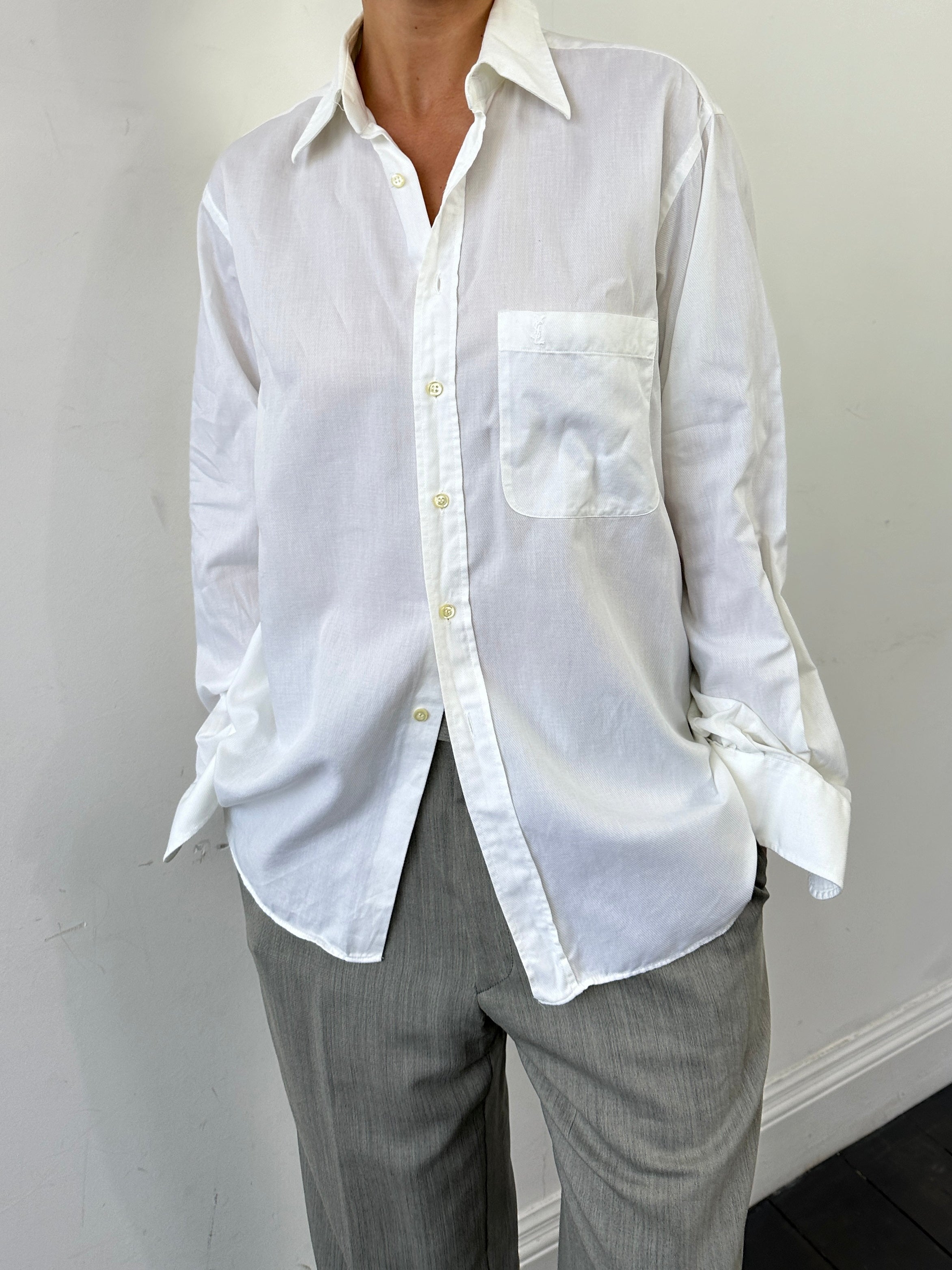 Yves Saint Laurent Pour Homme pure cotton logo shirt in size L/XL, white shirt with brand logo details visible.