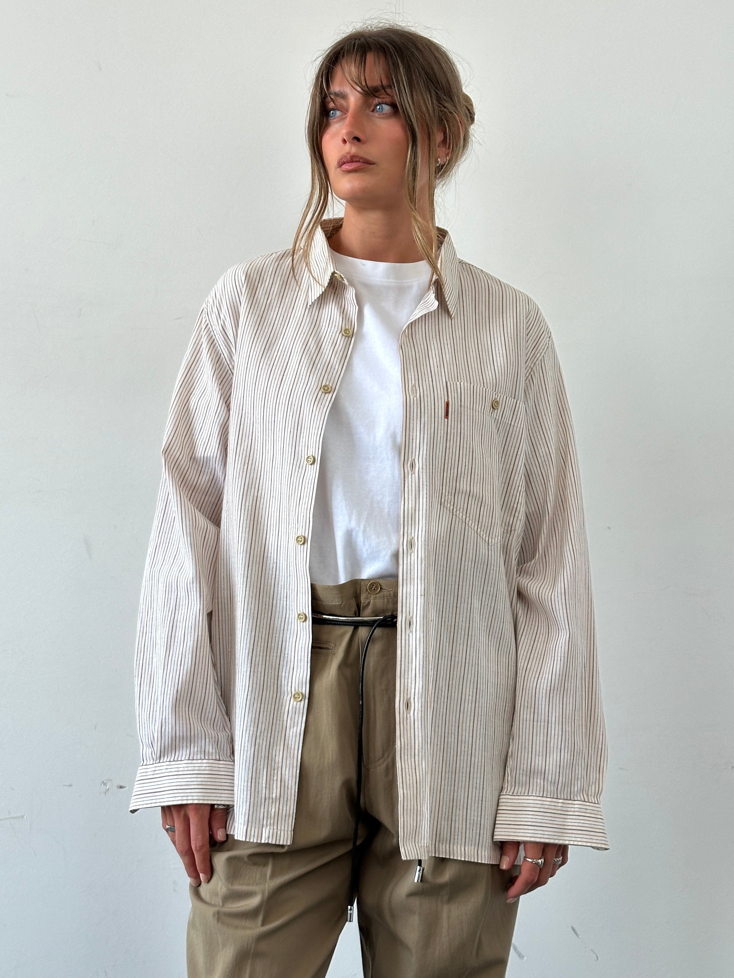 Missoni 90s cotton stripe shirt in size L/XL featuring colorful horizontal stripes and classic button-up design.