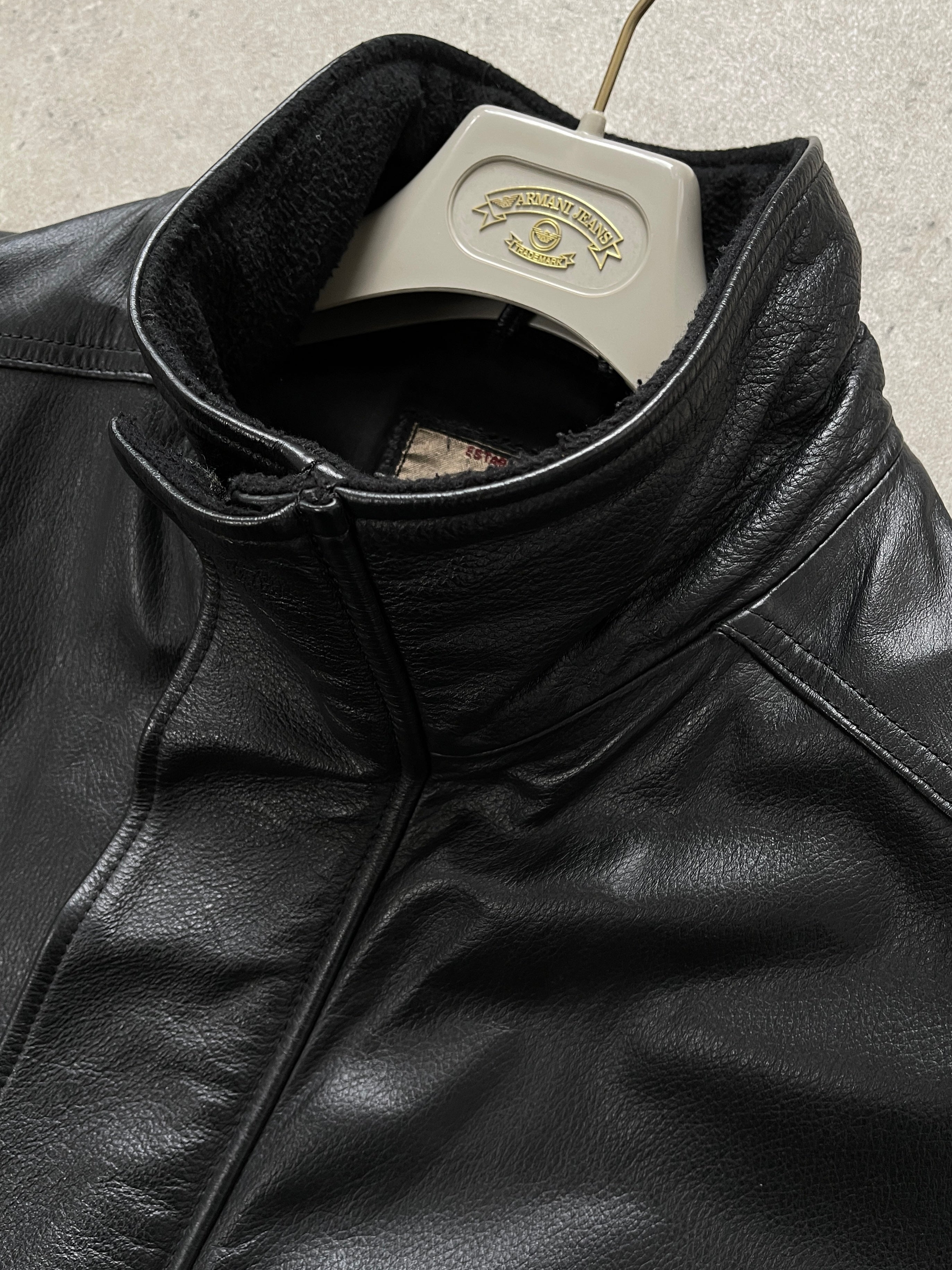 Armani Jeans black leather jacket with high neck and double zip closure, XXL size, stylish 2000s men's fashion outerwear