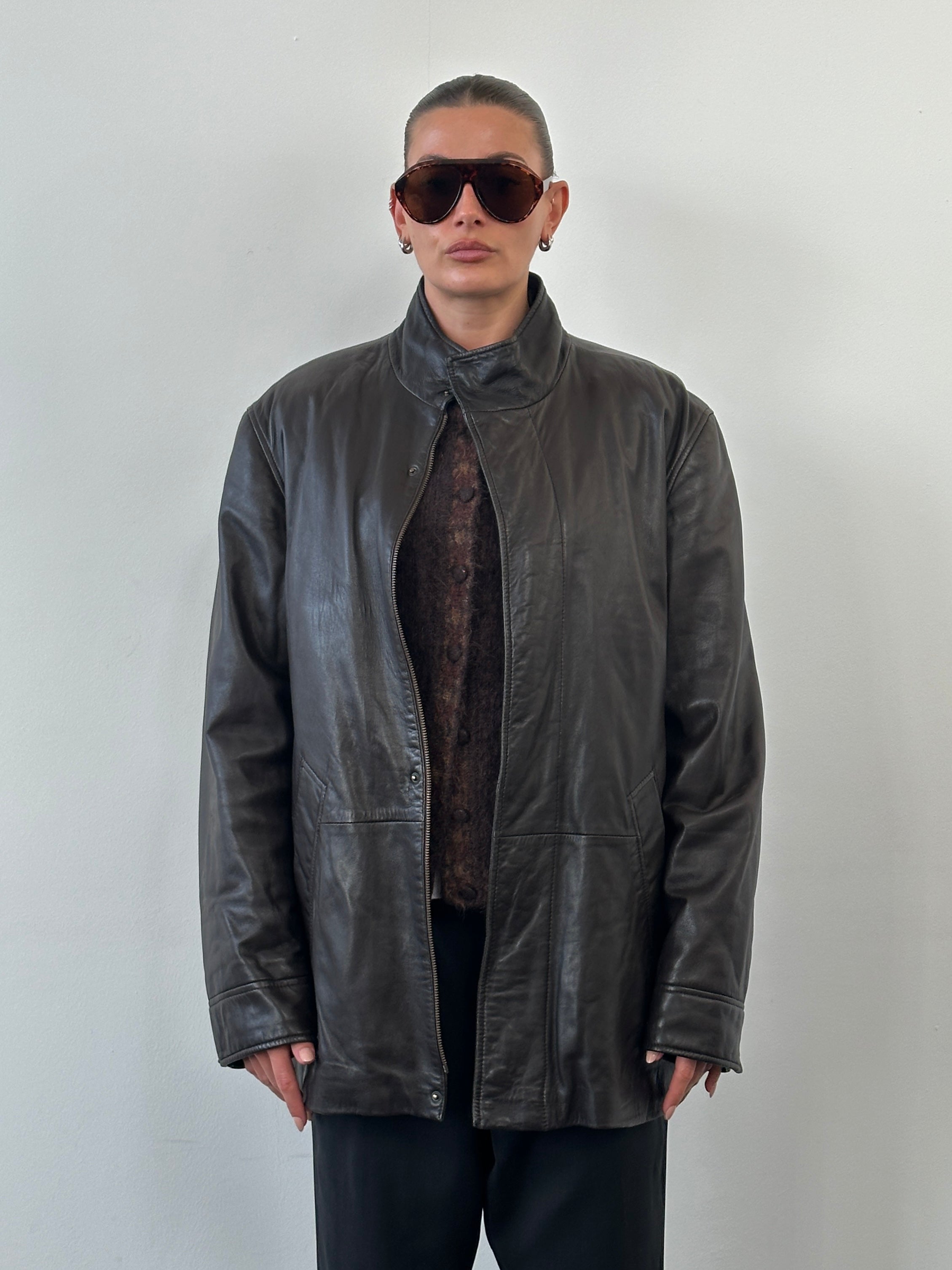 Jaeger 1990s Concealed Placket High Neck Leather Jacket - XL - SYLK