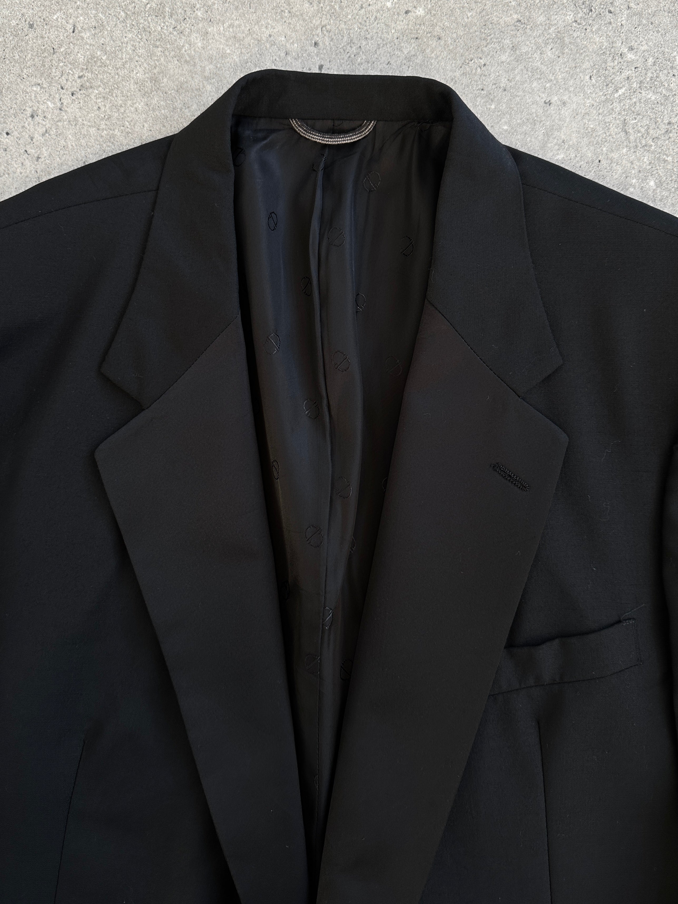 Christian Dior Monsieur 1980s wool tuxedo blazer, men's size 44R/XL, tailored fit with classic lapel and sleek design.