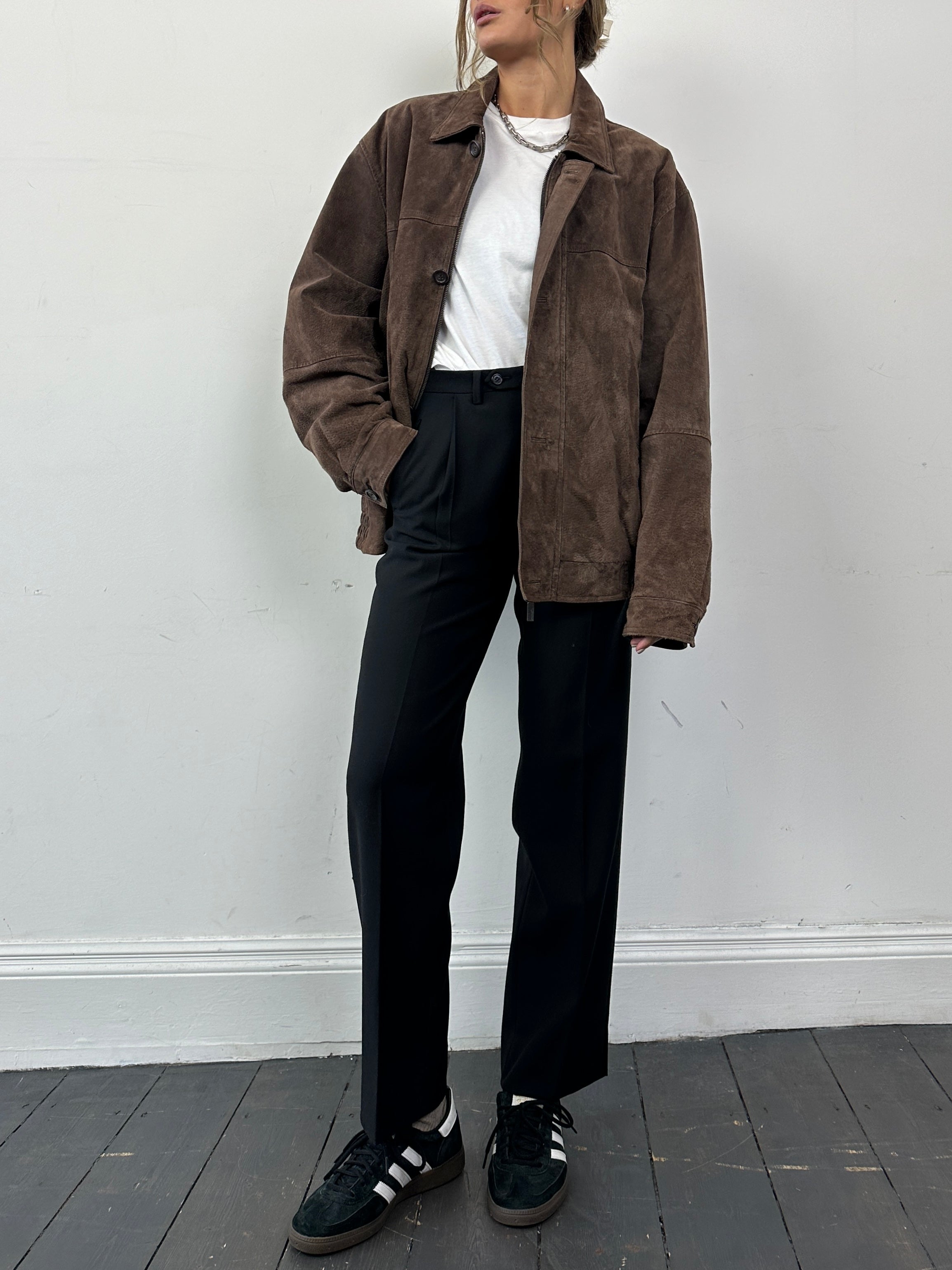 Vintage wool tuxedo straight leg trousers in size W28, featuring classic tailored fit and elegant dark fabric.