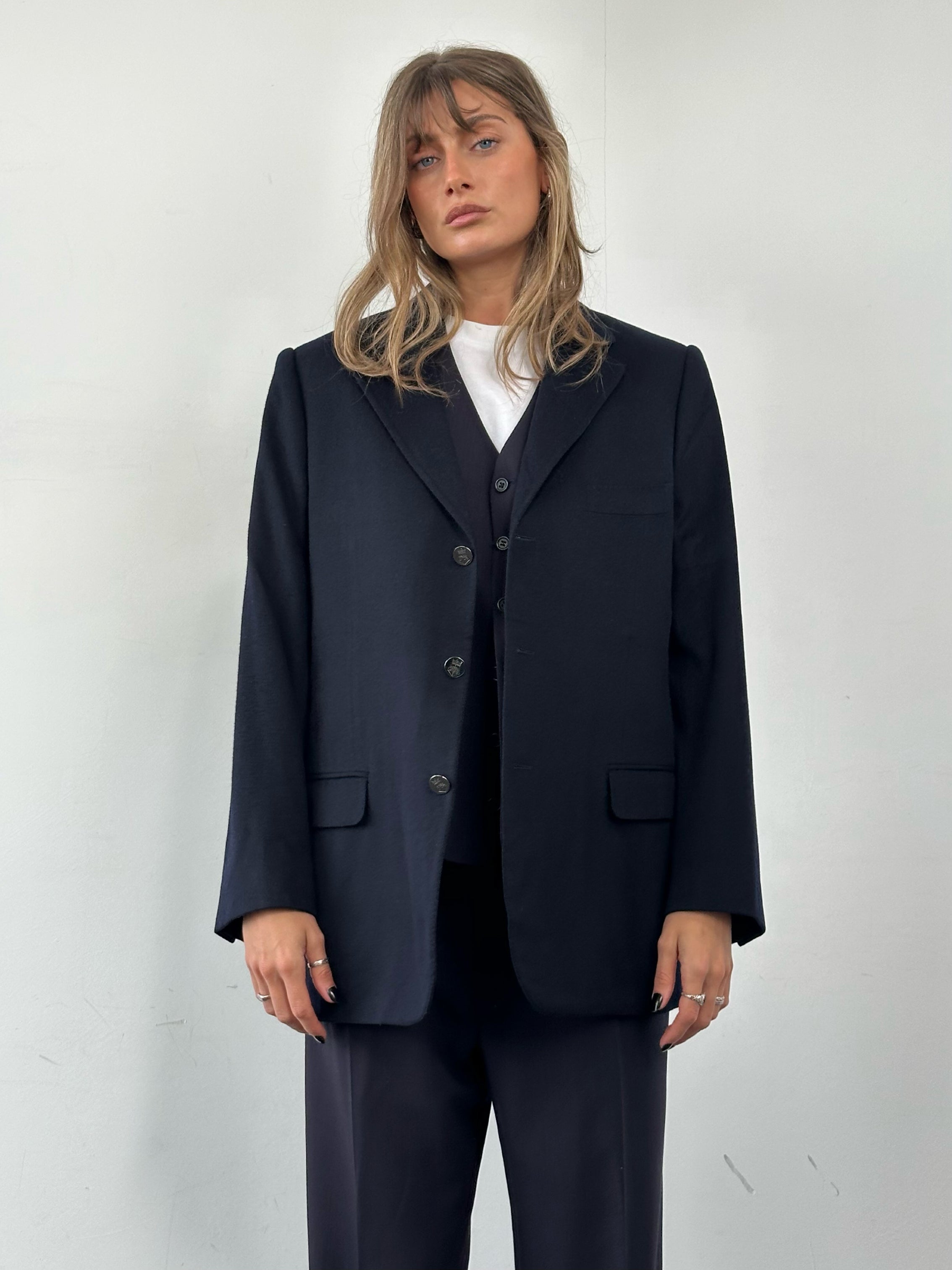 Aquascutum x Loro Piana brushed pure wool blazer in size 42R/XL, tailored fit with classic lapel and textured fabric.