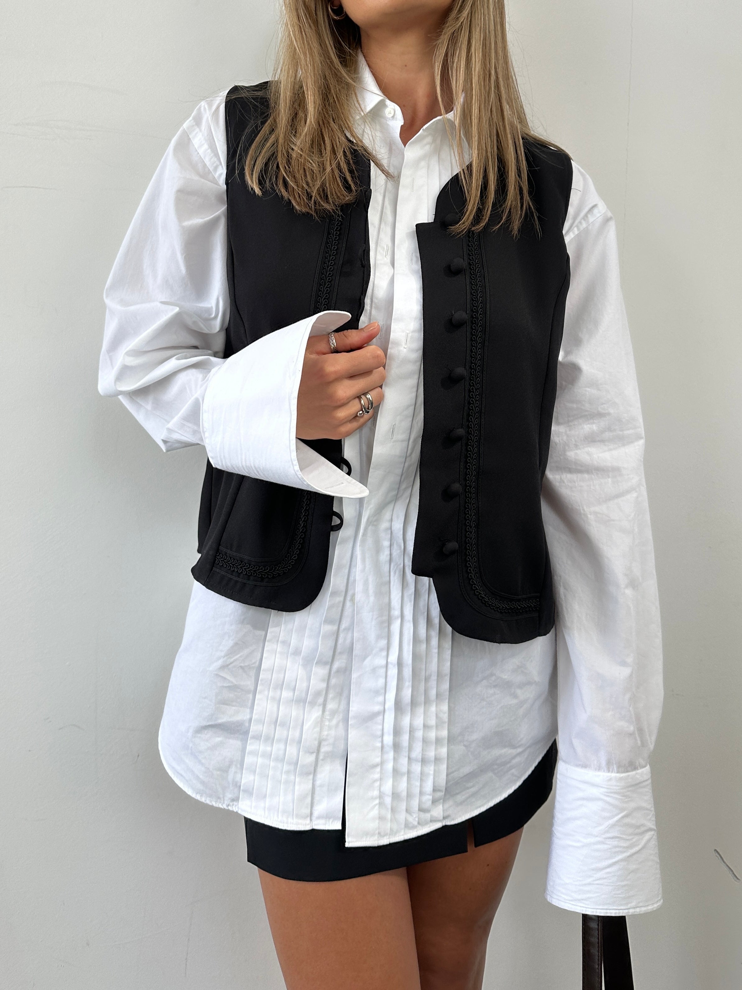 Christian Dior pleated tuxedo cotton shirt in size M, featuring a classic collar and button-front design.