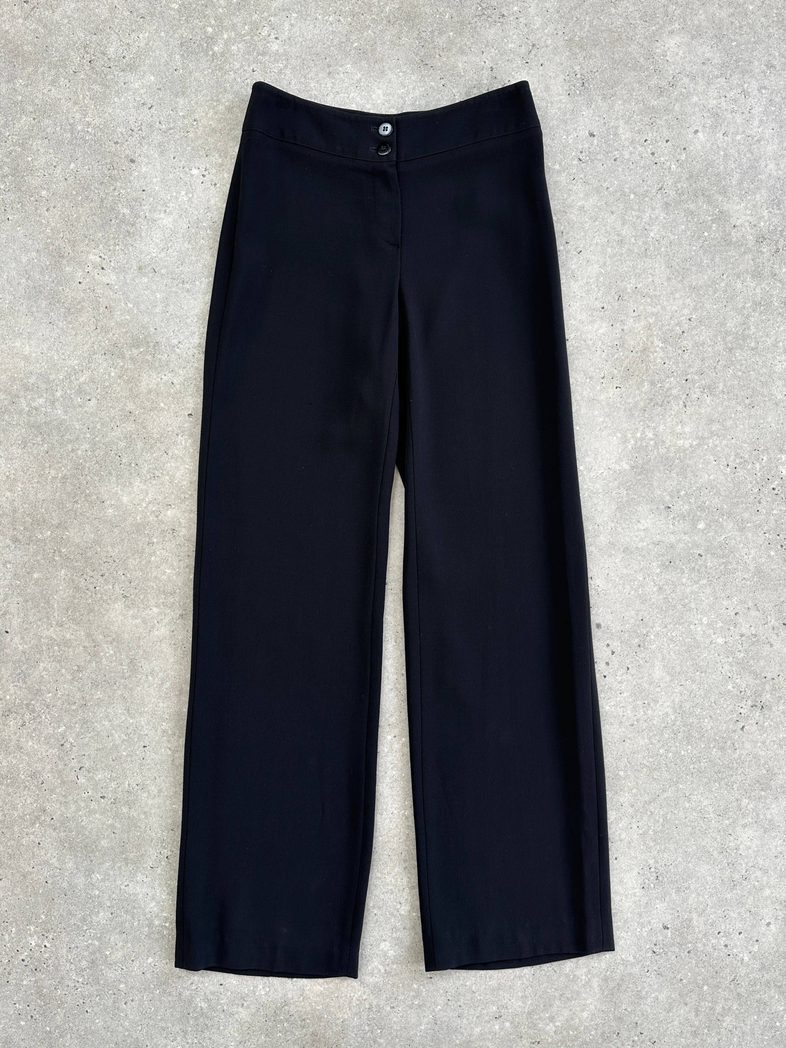 Armani Collezioni wool low waist wide-leg trousers in dark fabric, size W26, displayed on a neutral background