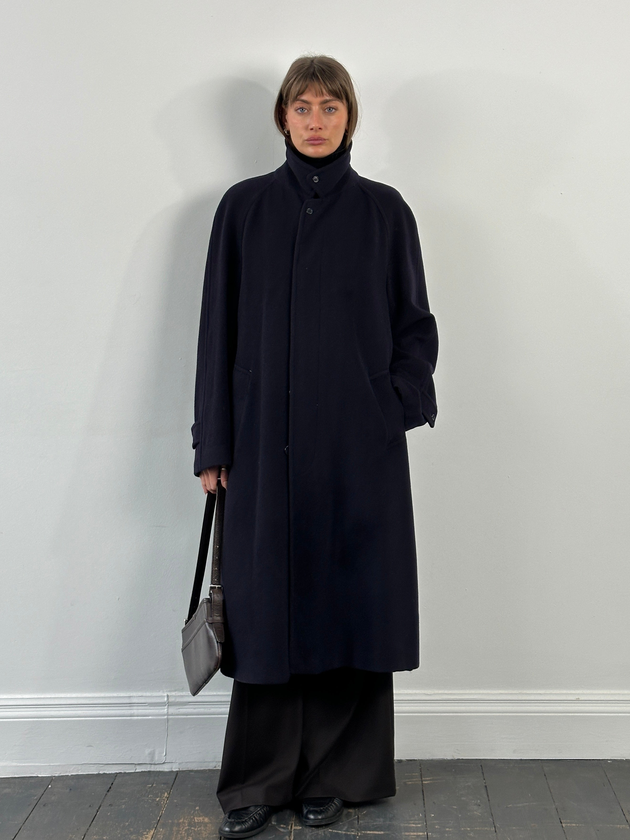 Jaeger 1990s high neck pure cashmere coat in XL, shown in a stylish long coat with a high neckline and soft texture.