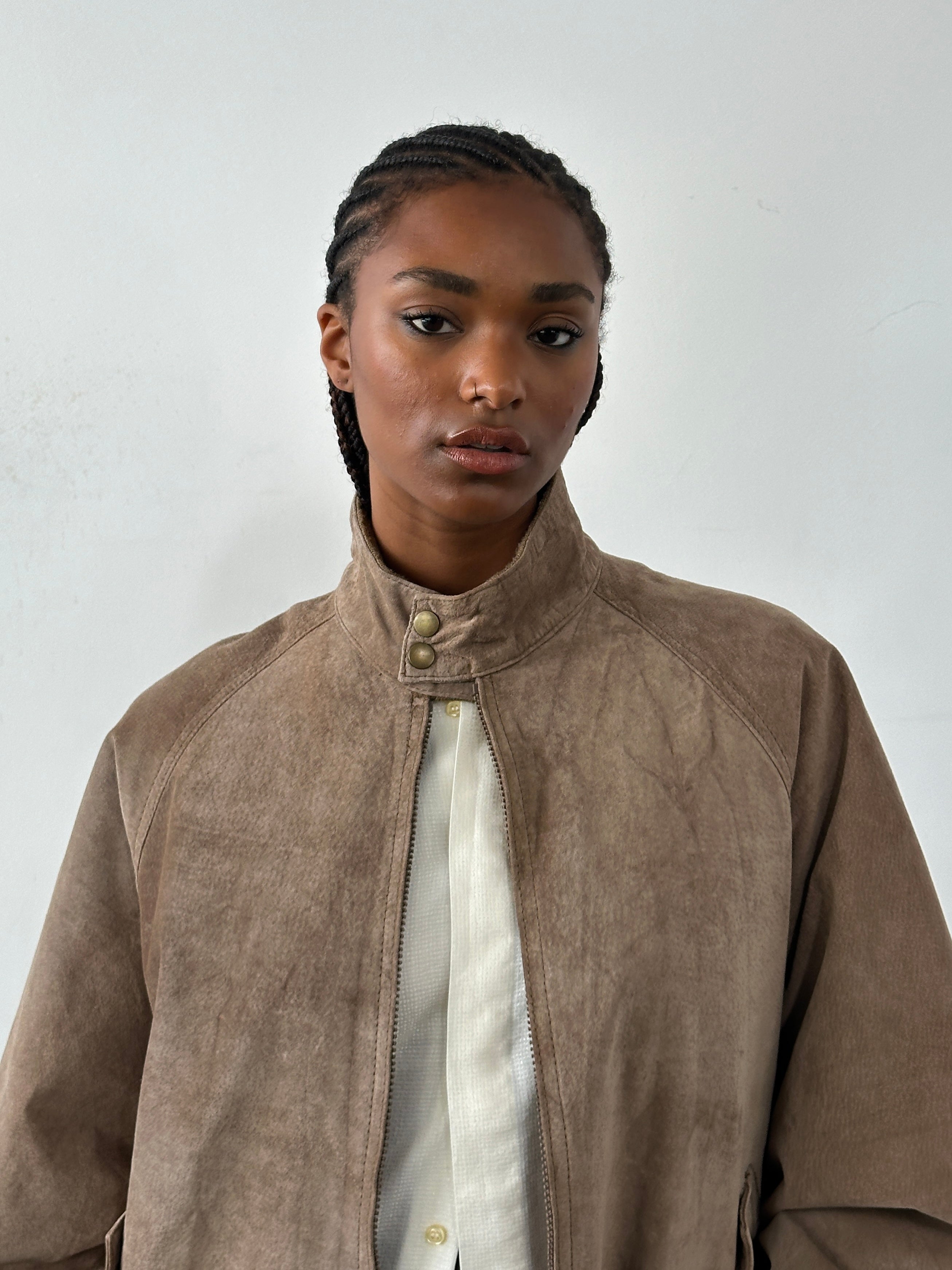 Vintage 1990s high neck suede bomber jacket in XL, featuring a classic retro design and soft brown suede fabric.