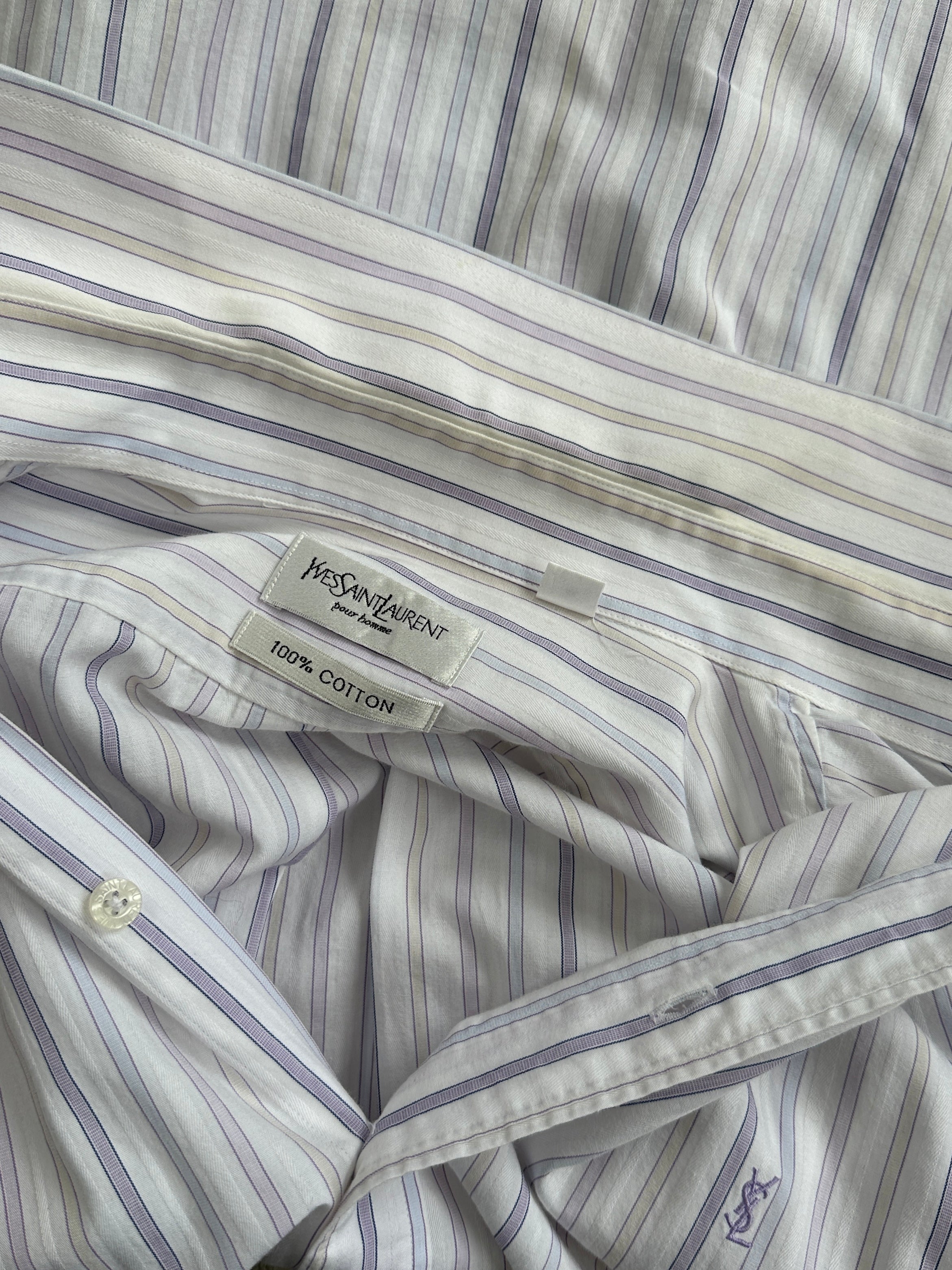 Yves Saint Laurent Pour Homme stripe pure cotton logo shirt in XL, featuring a classic design and button-down front.
