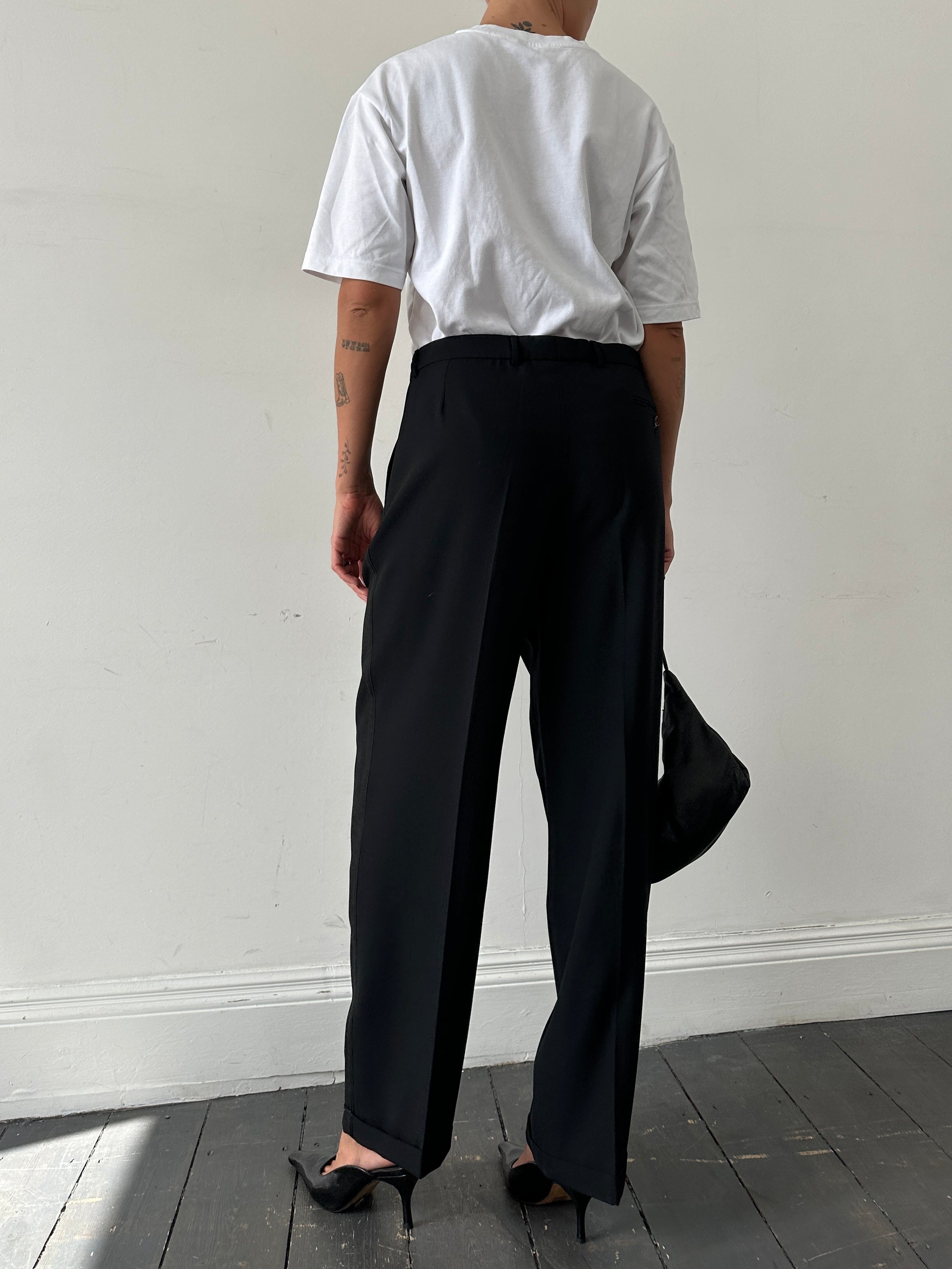 Vintage pure wool tailored tuxedo trousers with straight leg fit, waist size W32, classic formal style.