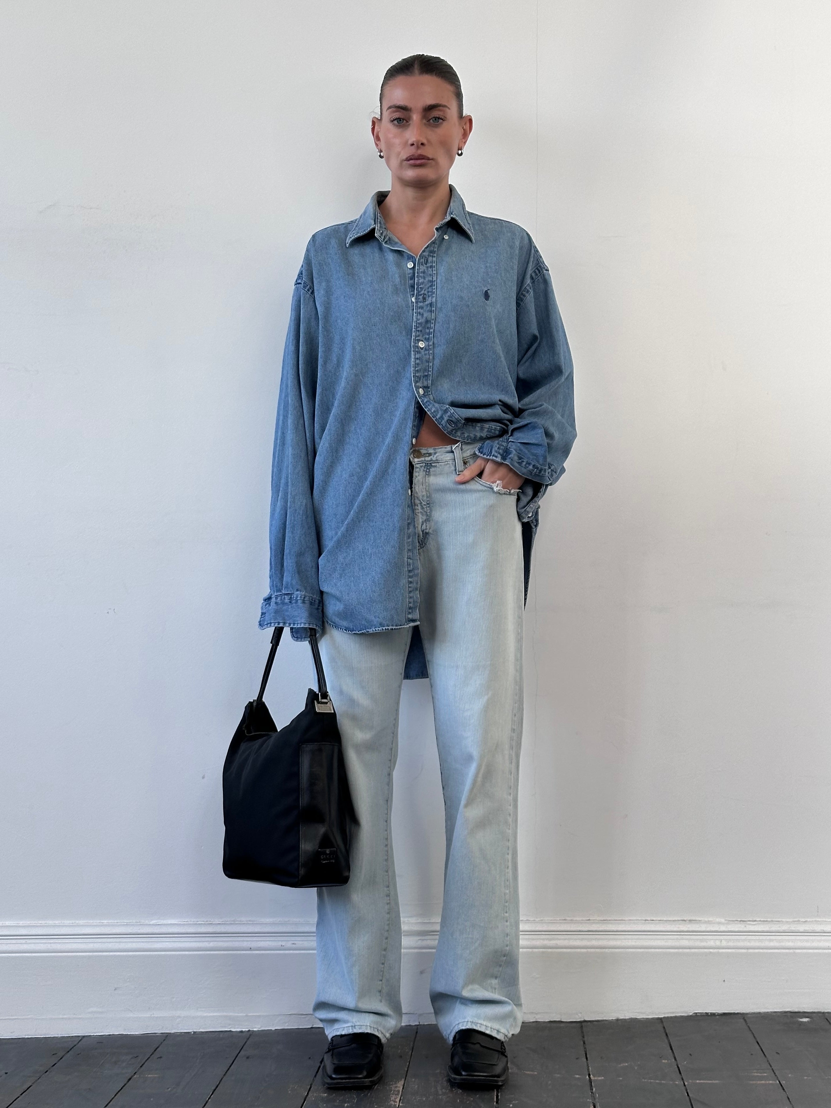 Ralph Lauren denim logo shirt in XXL, featuring classic branding and casual fit, displayed on a hanger.