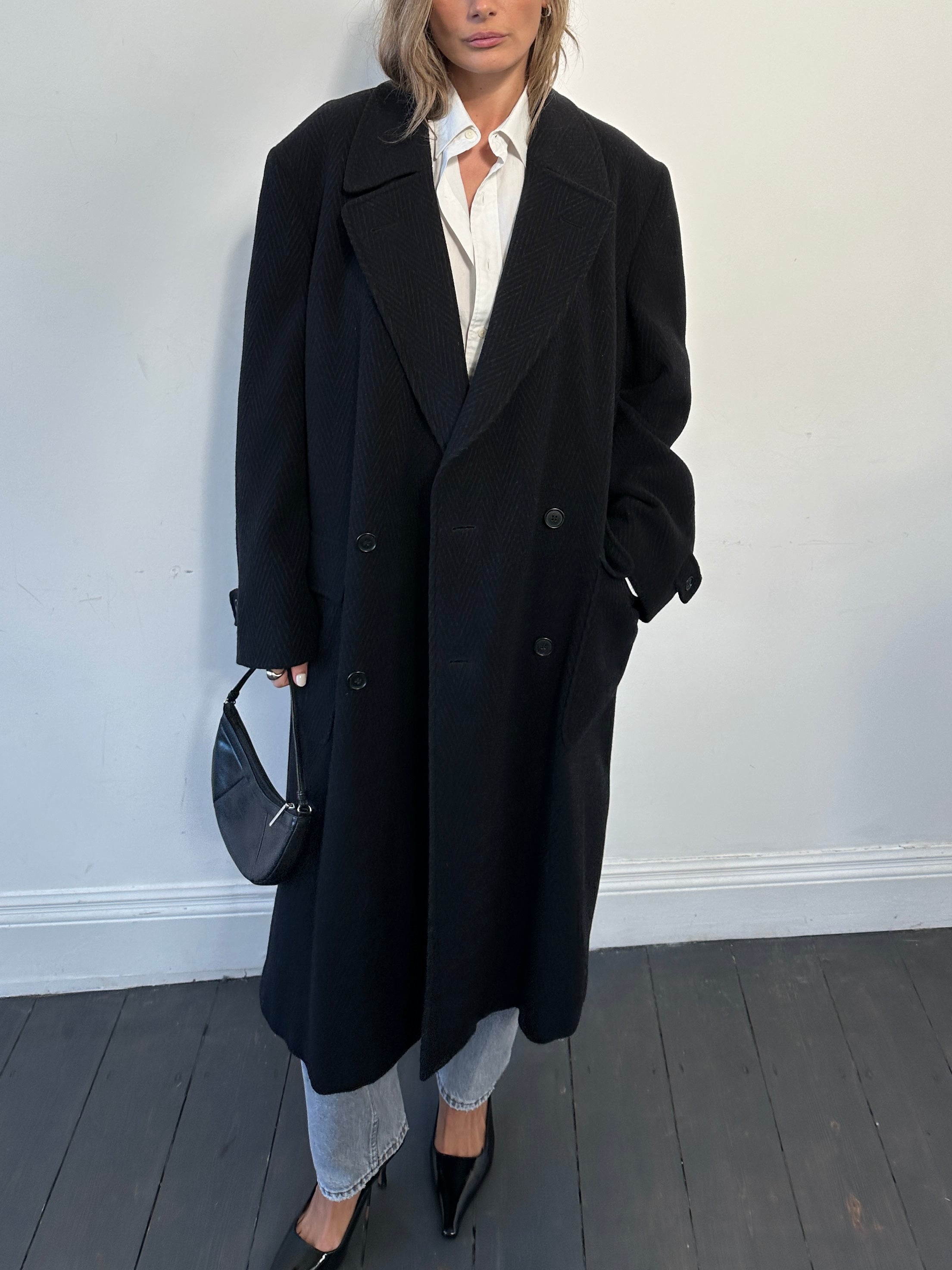 Valentino wool herringbone double-breasted coat in XL/XXL, featuring classic pattern and tailored fit for a sophisticated look.