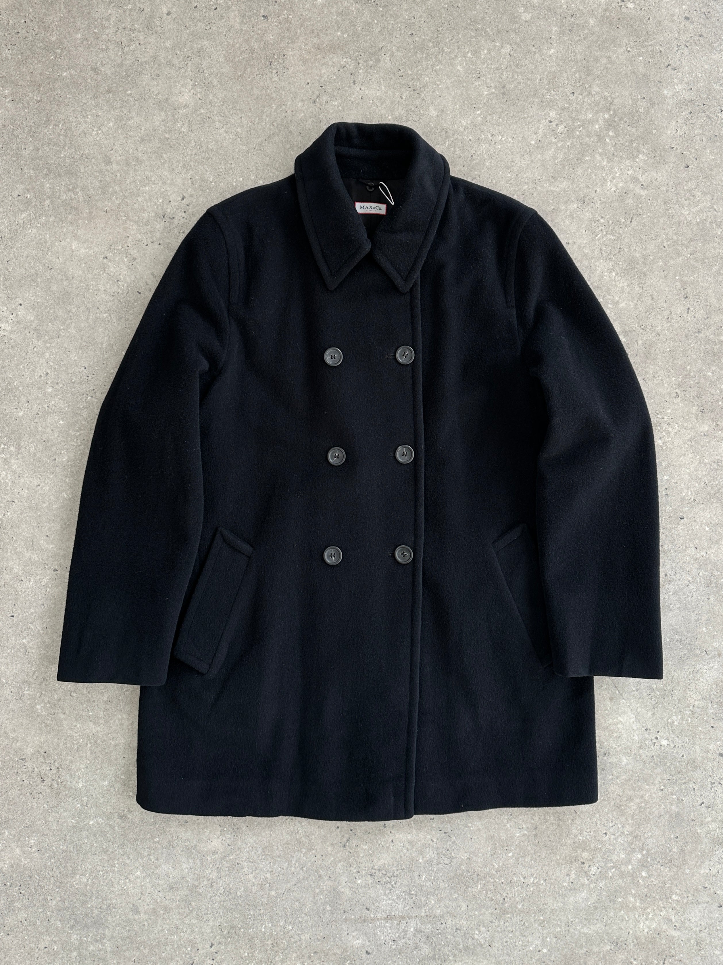 MAX & Co pure virgin wool double-breasted coat in size L, featuring classic lapels and tailored fit, displayed on a hanger.