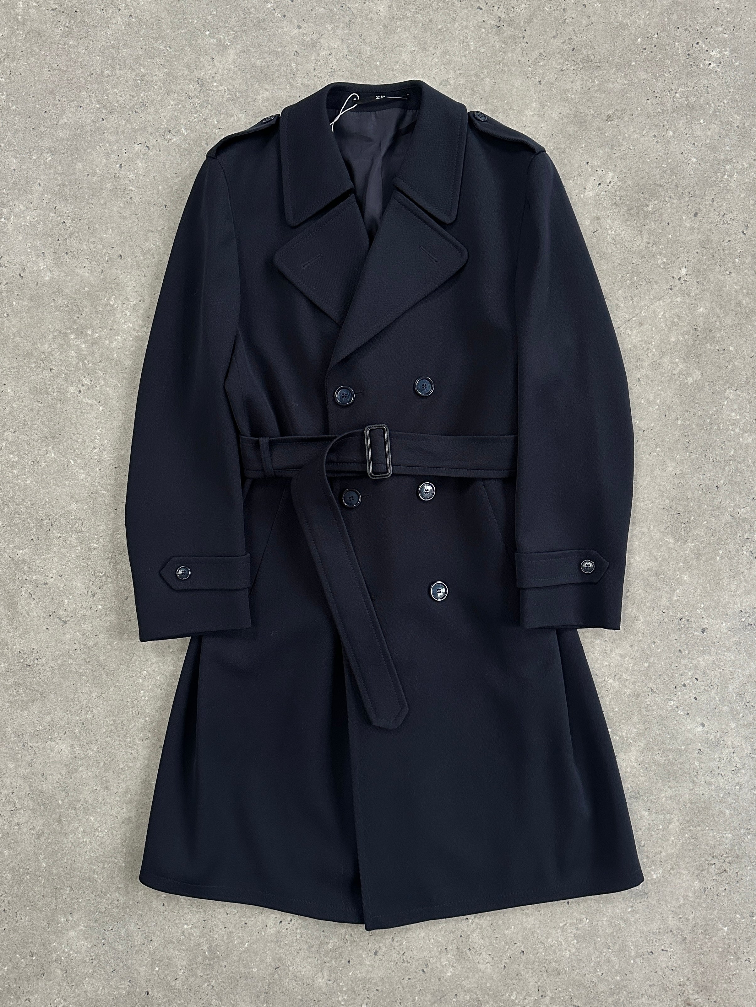 Vintage wool twill belted trench coat in XL, featuring classic design with a tailored fit and double-breasted front.