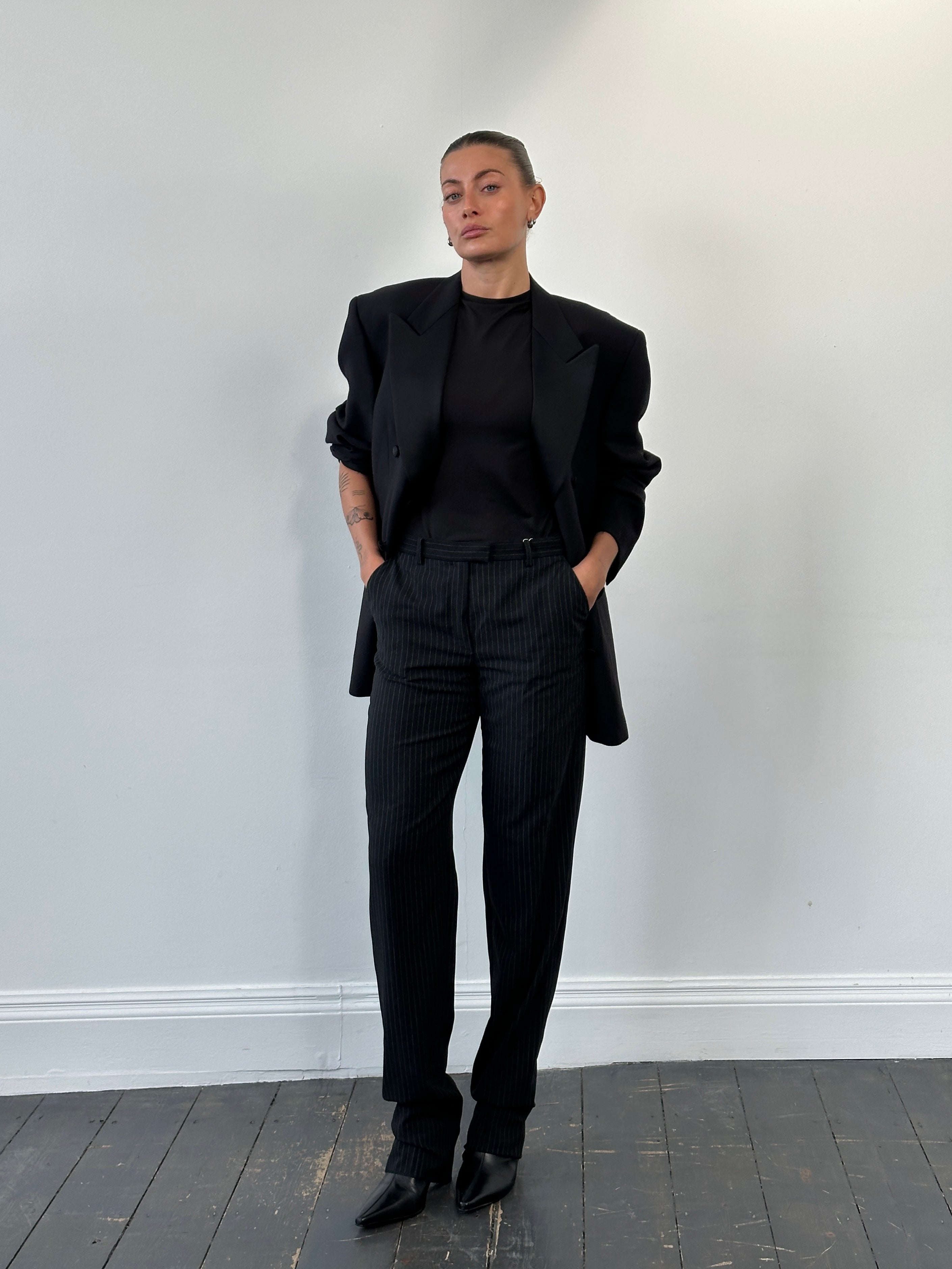 Armani Collezioni 2000s pure wool tailored trousers, straight leg fit, in size W28, shown on a neutral background.