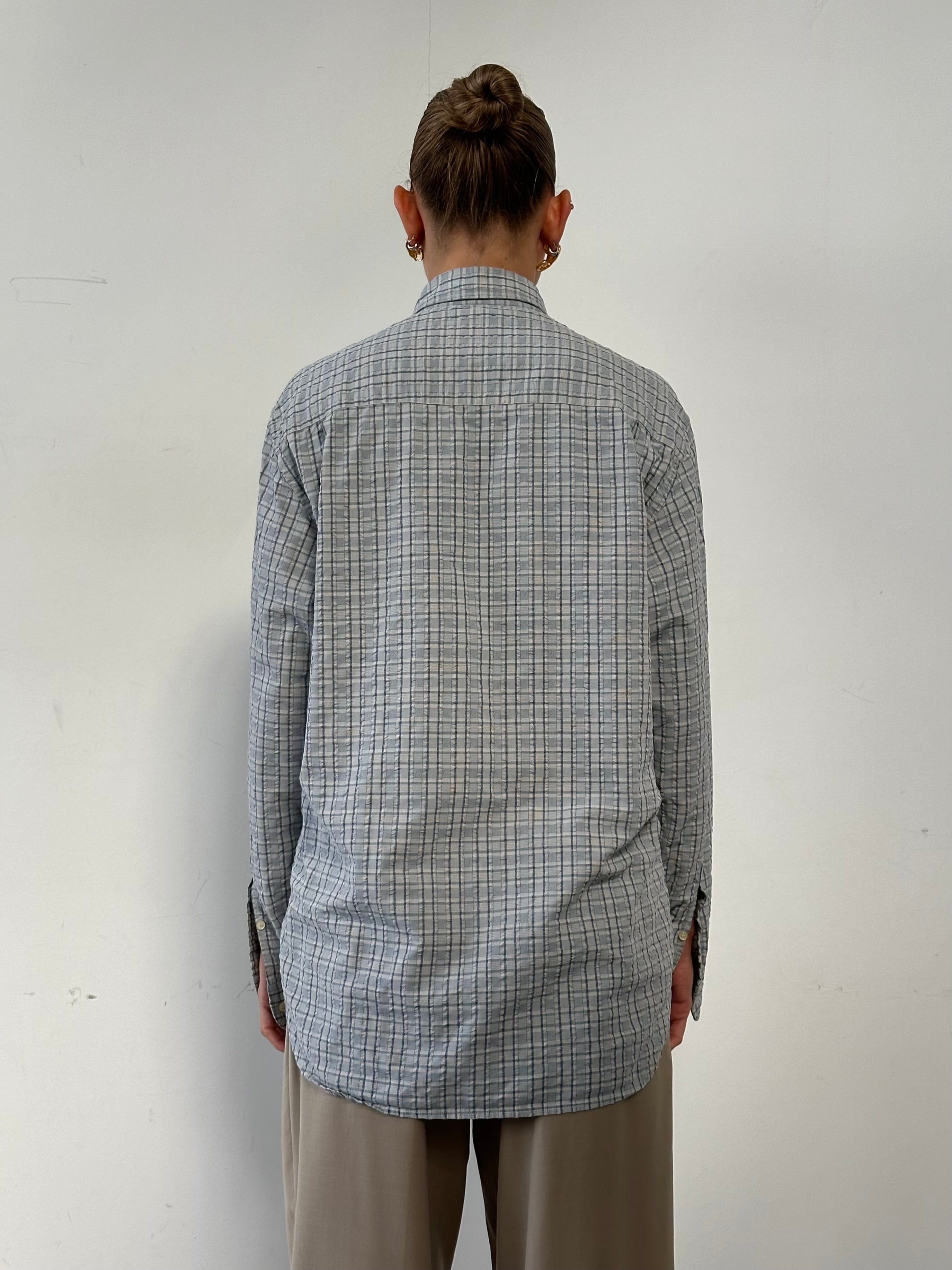 Giorgio Armani check pure cotton shirt in size L, featuring a classic plaid pattern and button-down collar on a clean white background.