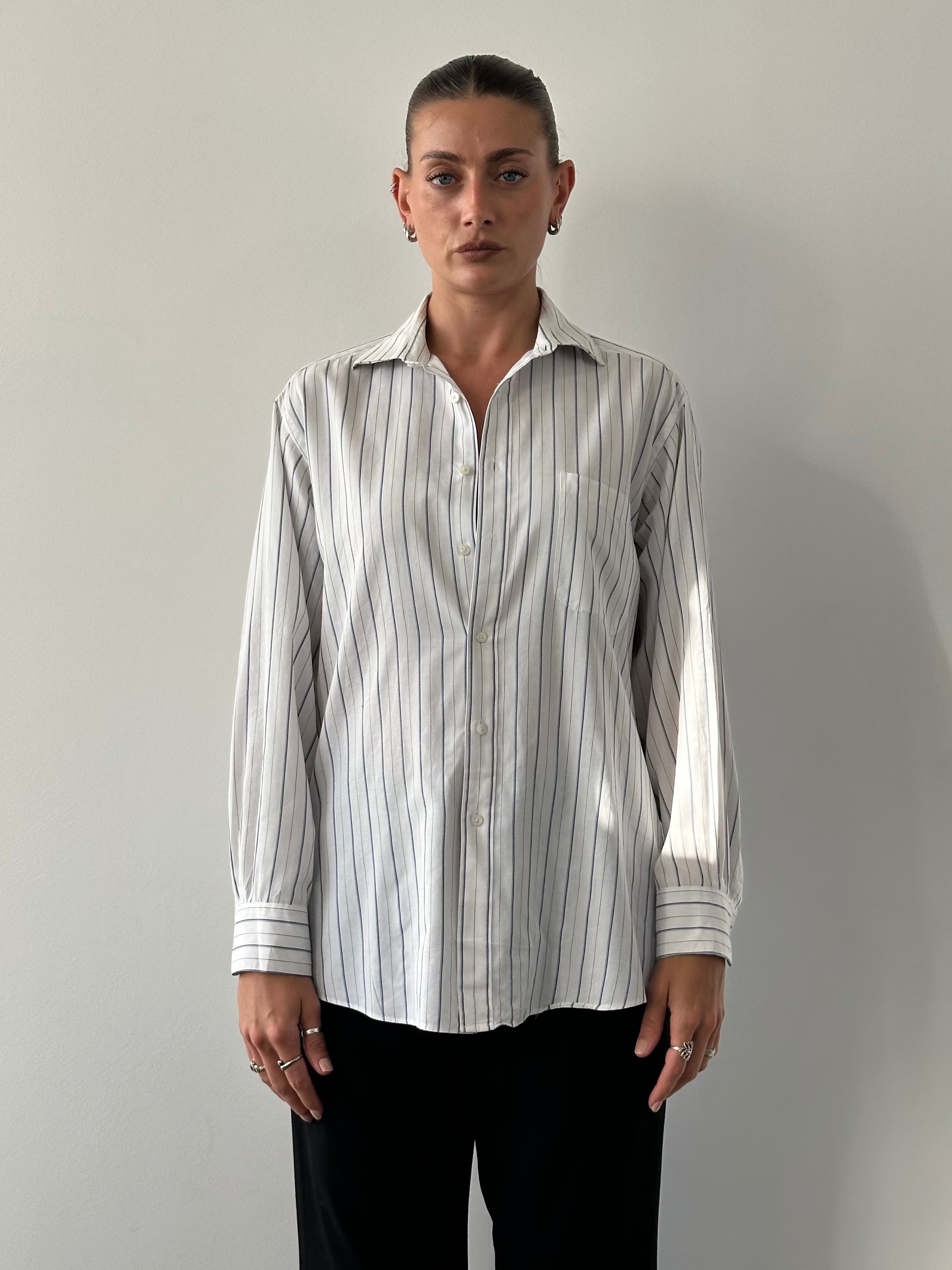Yves Saint Laurent 80s stripe cotton shirt, men's size M/L, featuring bold multicolor horizontal stripes and classic collar.
