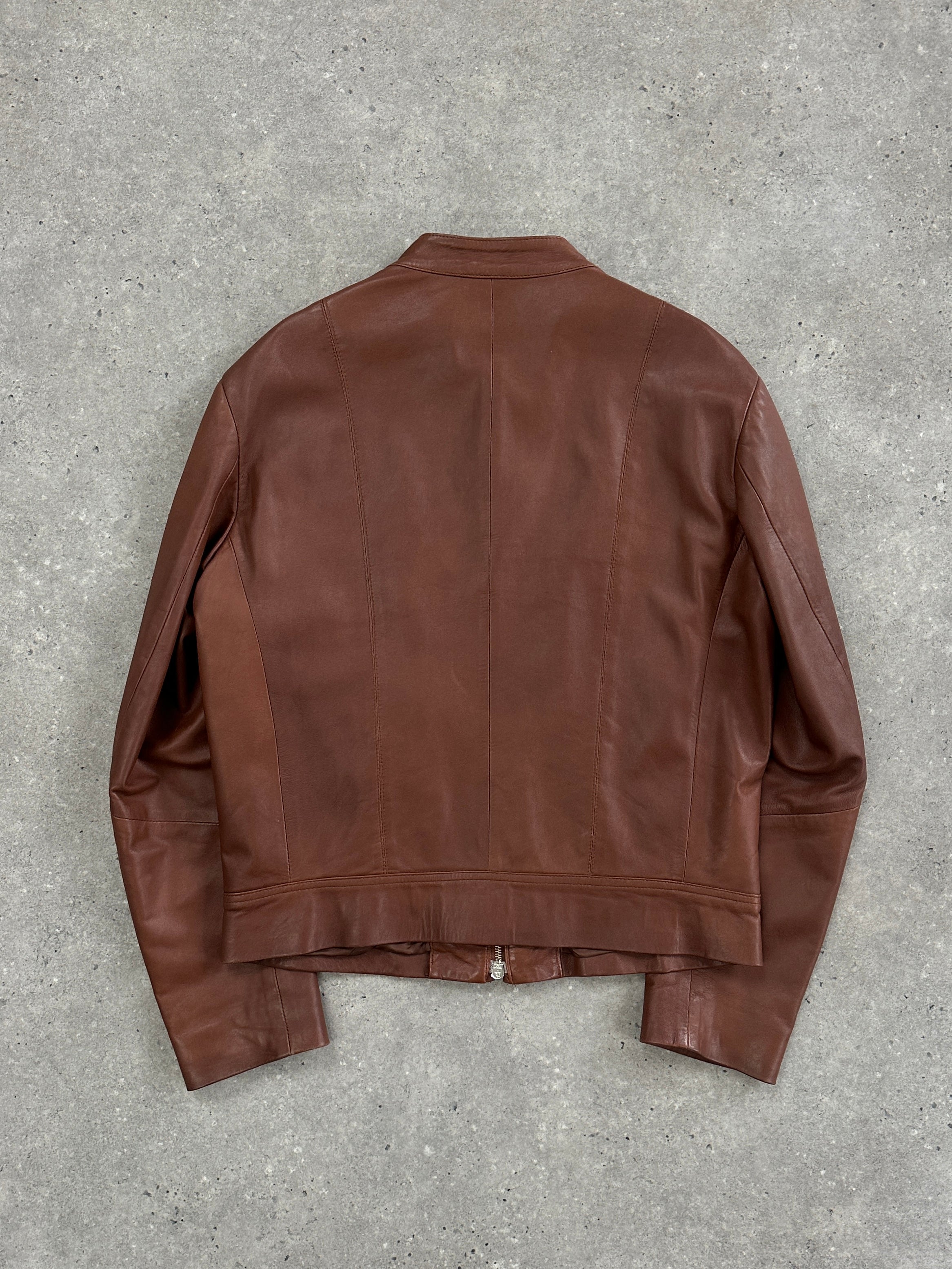 Vintage Italian 90s double zip leather moto jacket, stylish men's M/L size with classic vintage design and durable leather construction.