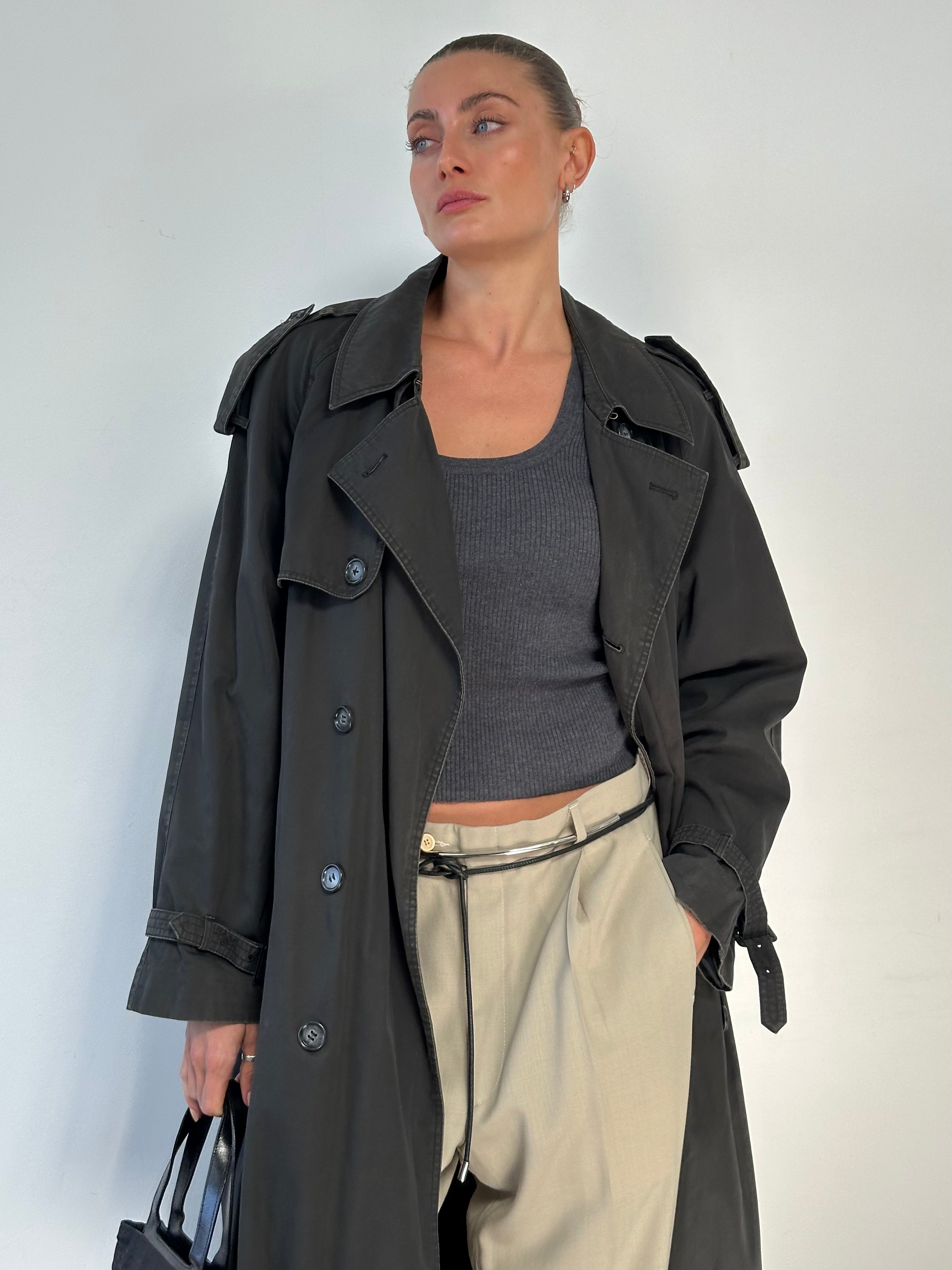 Yves Saint Laurent cotton double-breasted belted coat in XL, shown on a hanger with front view and classic design details.