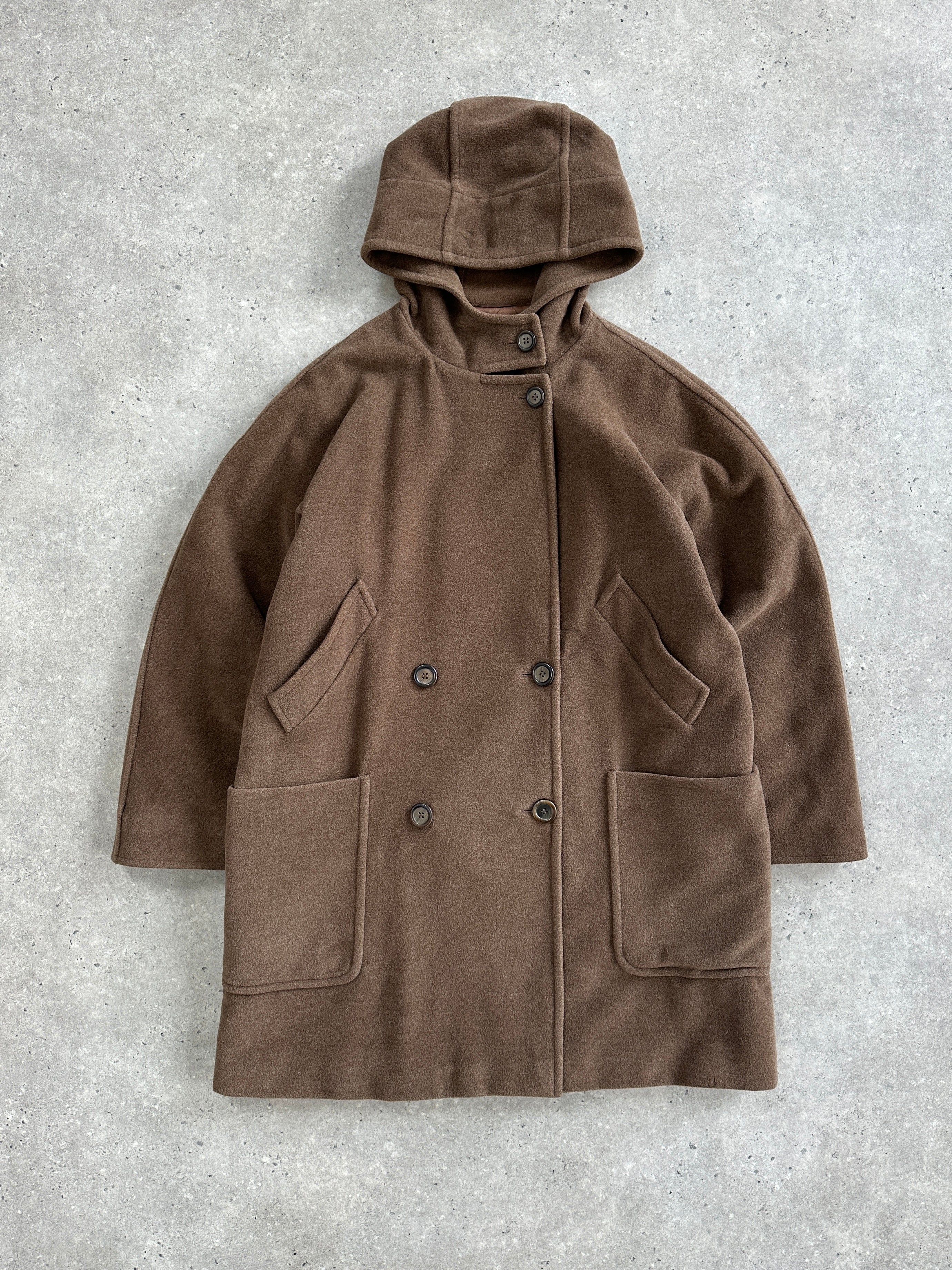 Max Mara Weekend 2000s wool hooded double-breasted coat in size M, featuring a stylish design and classic silhouette.