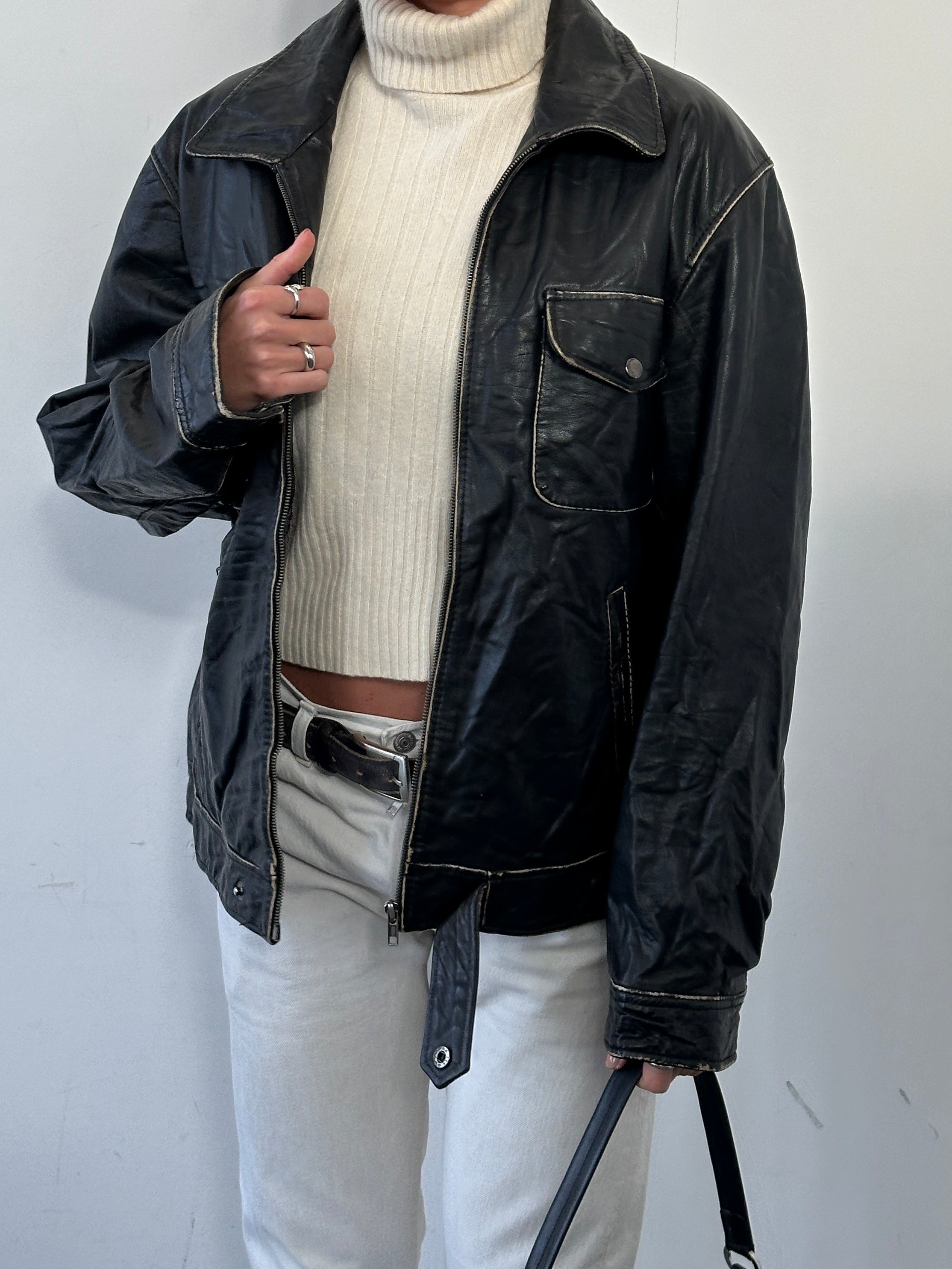 Vintage Contrast Stitch Leather Biker Jacket - L - SYLK