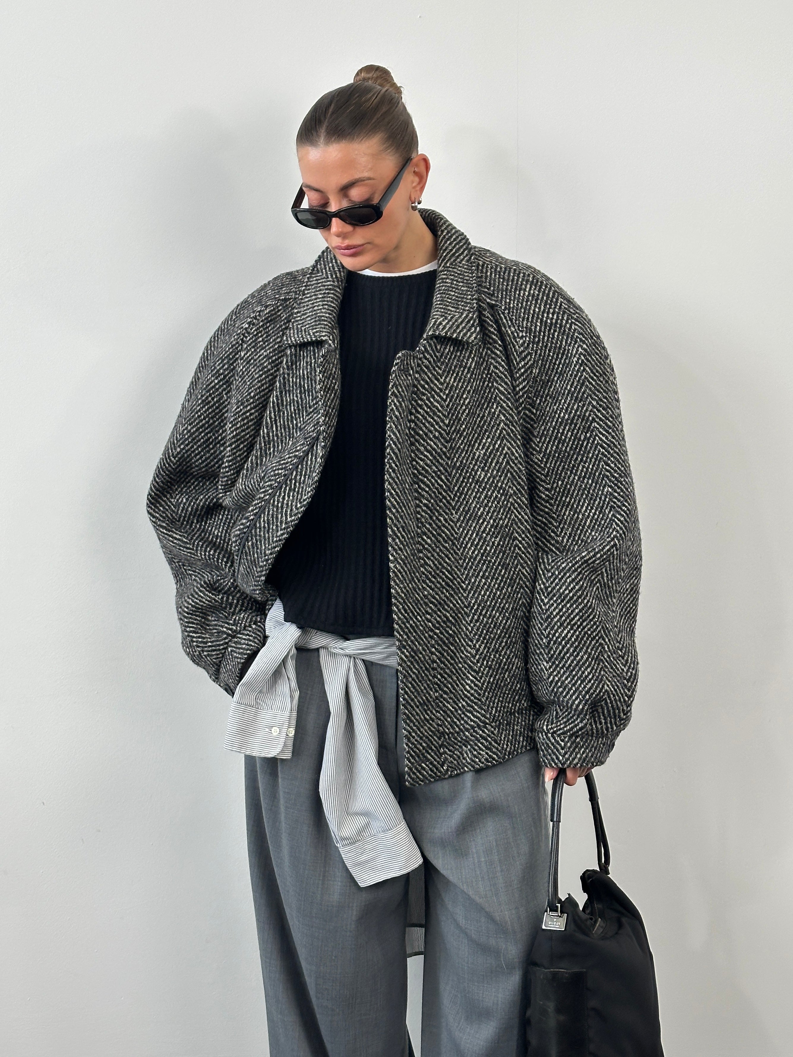Vintage 1990s wool herringbone bomber jacket in XXL, featuring classic style and textured fabric.
