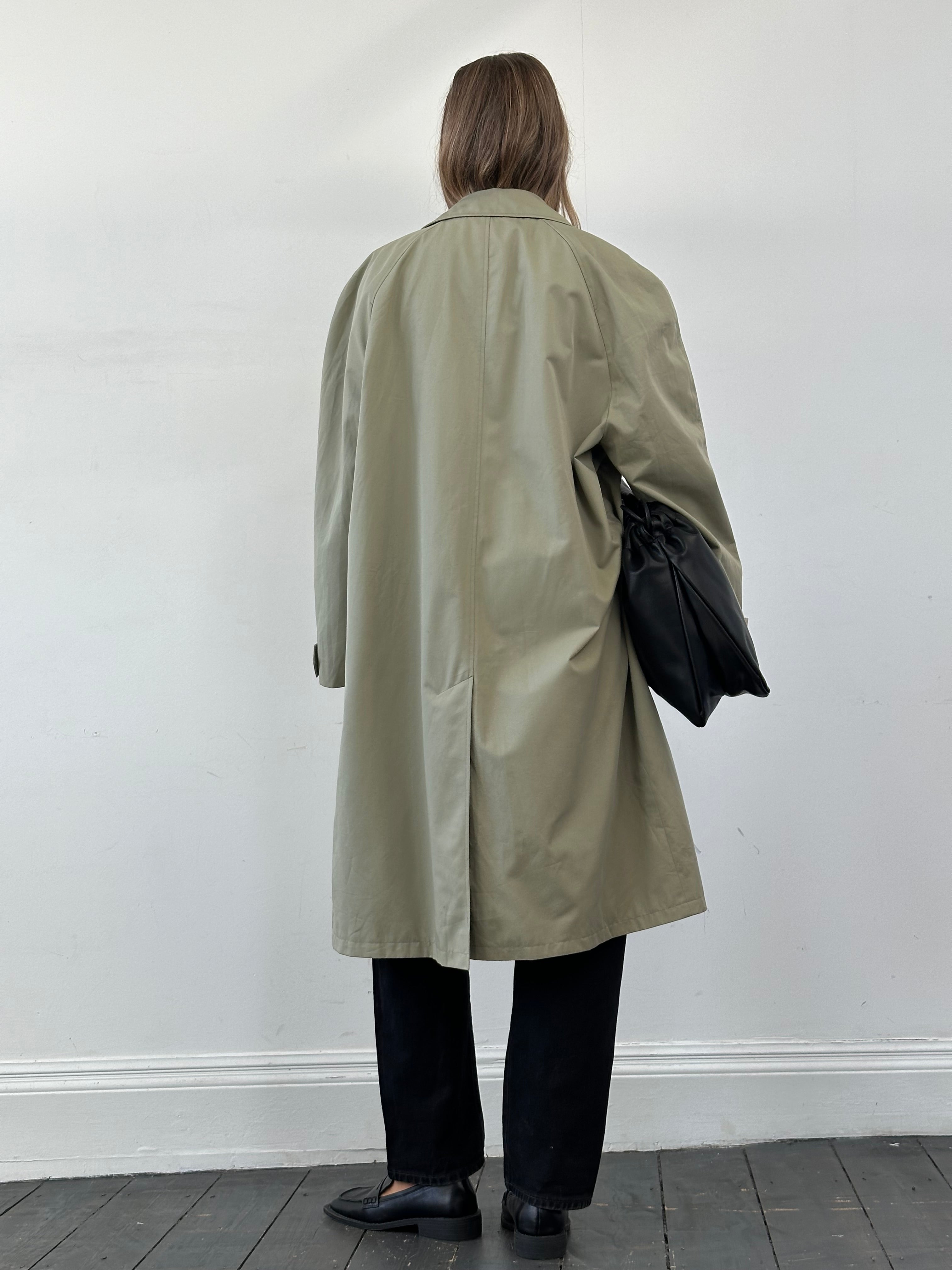 Yves Saint Laurent concealed placket trench coat in XXL, stylish beige coat with classic design and tailored fit.