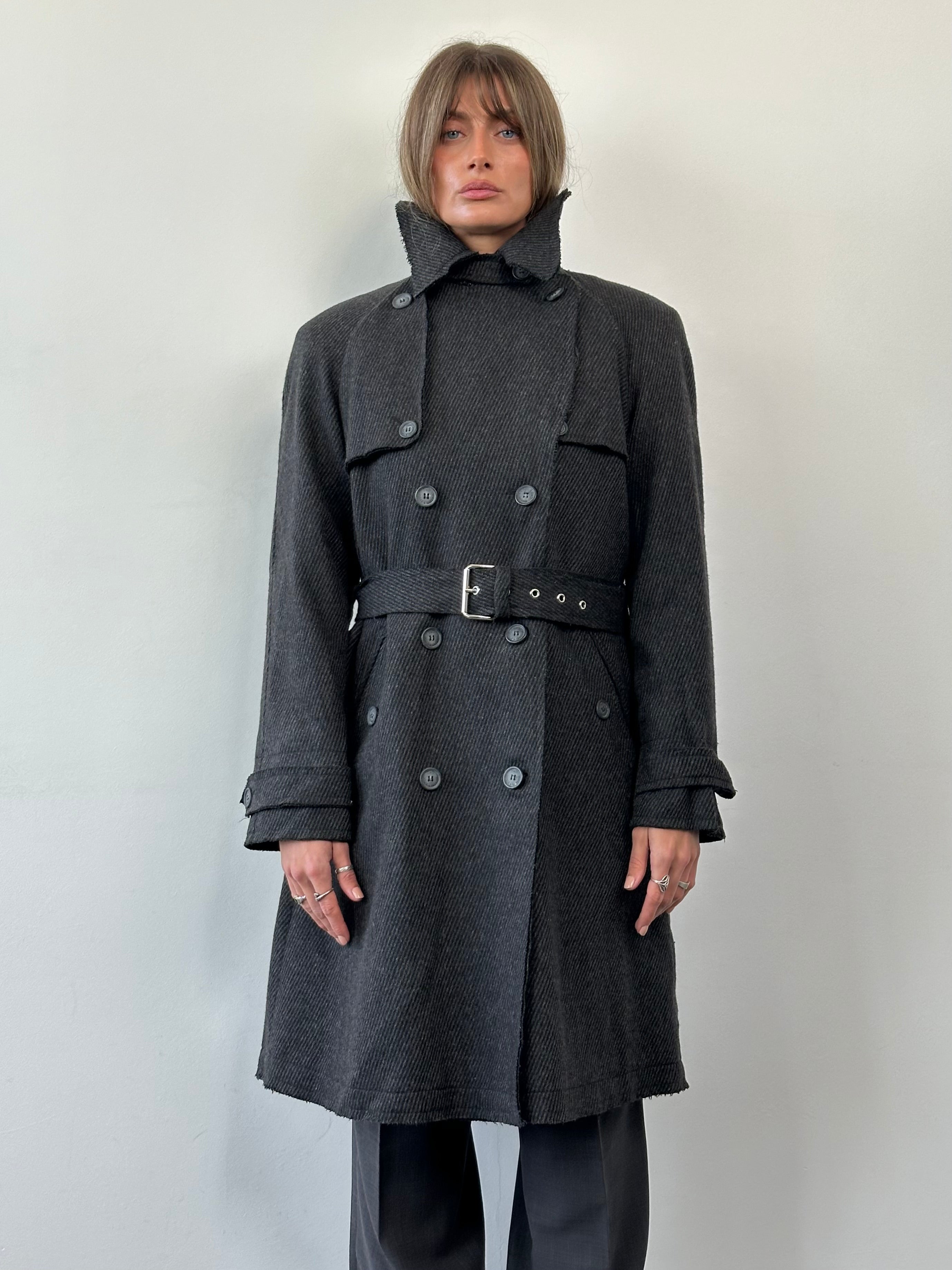Dolce & Gabbana 2000s wool double-breasted belted coat in size L, shown hanging on a wooden hanger.