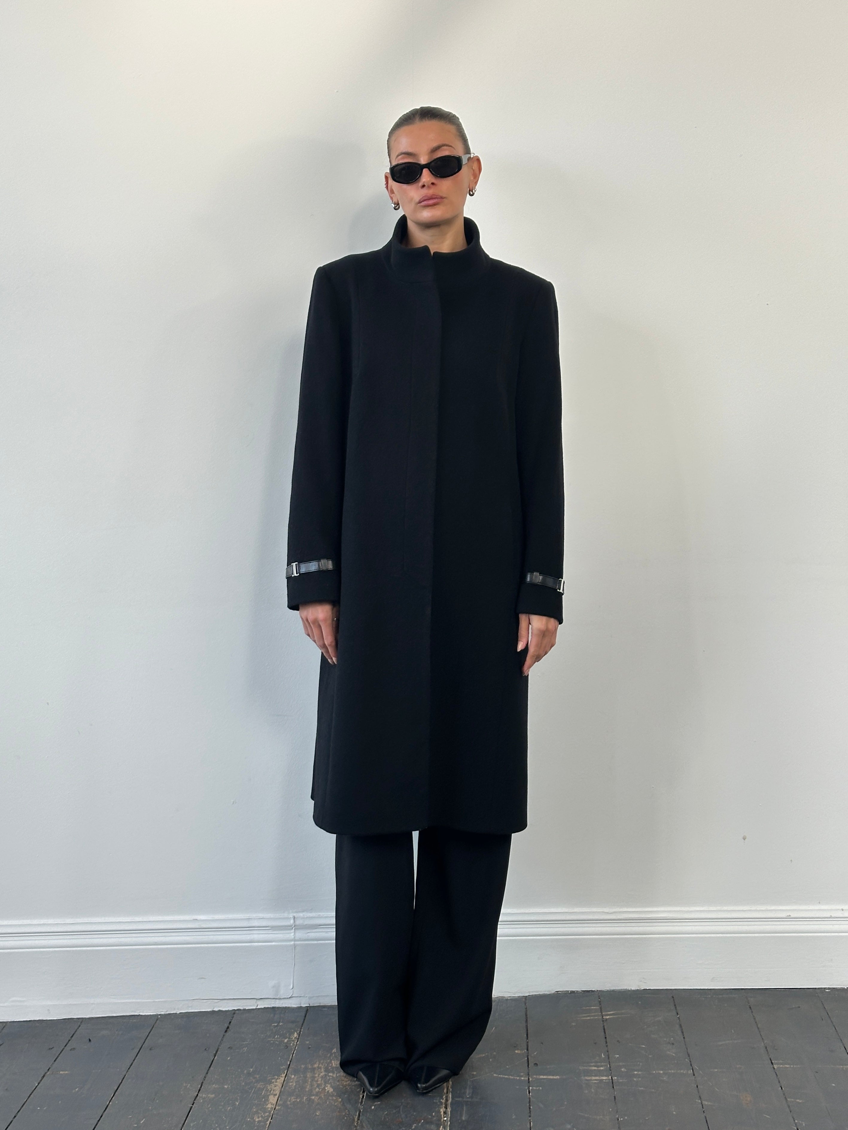 Vintage 1990s wool high neck coat in size large, classic high collar design, warm and stylish outerwear for cold weather.