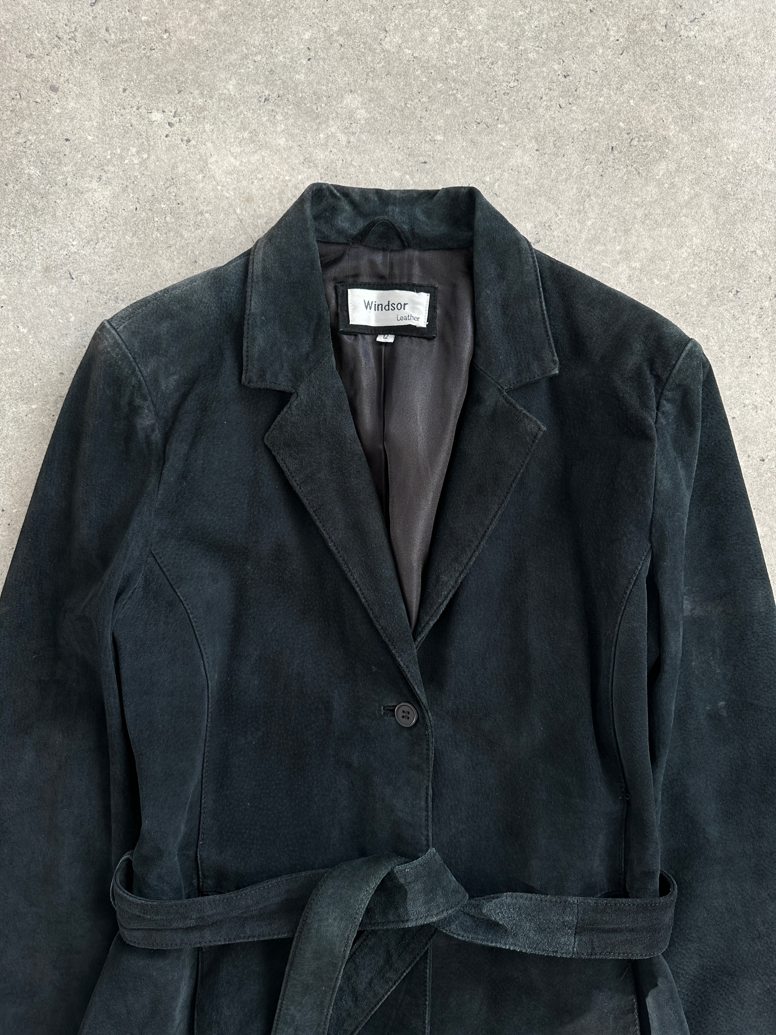 Vintage 1990s suede belted leather jacket in size S/M, featuring classic design and textured suede material.